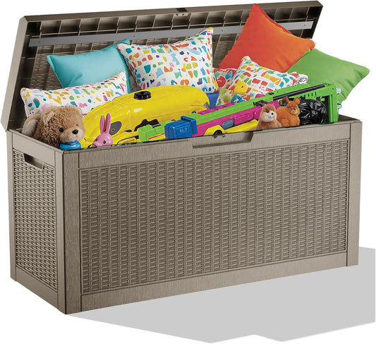 60 Gallon Outdoor Storage Box - Waterproof Resin Rattan Deck Bin for Indoor & Outdoor Use - Lockable & UV Resistant - Ideal for Package Storage, Patio Cushions & Gardening Tools, Brown