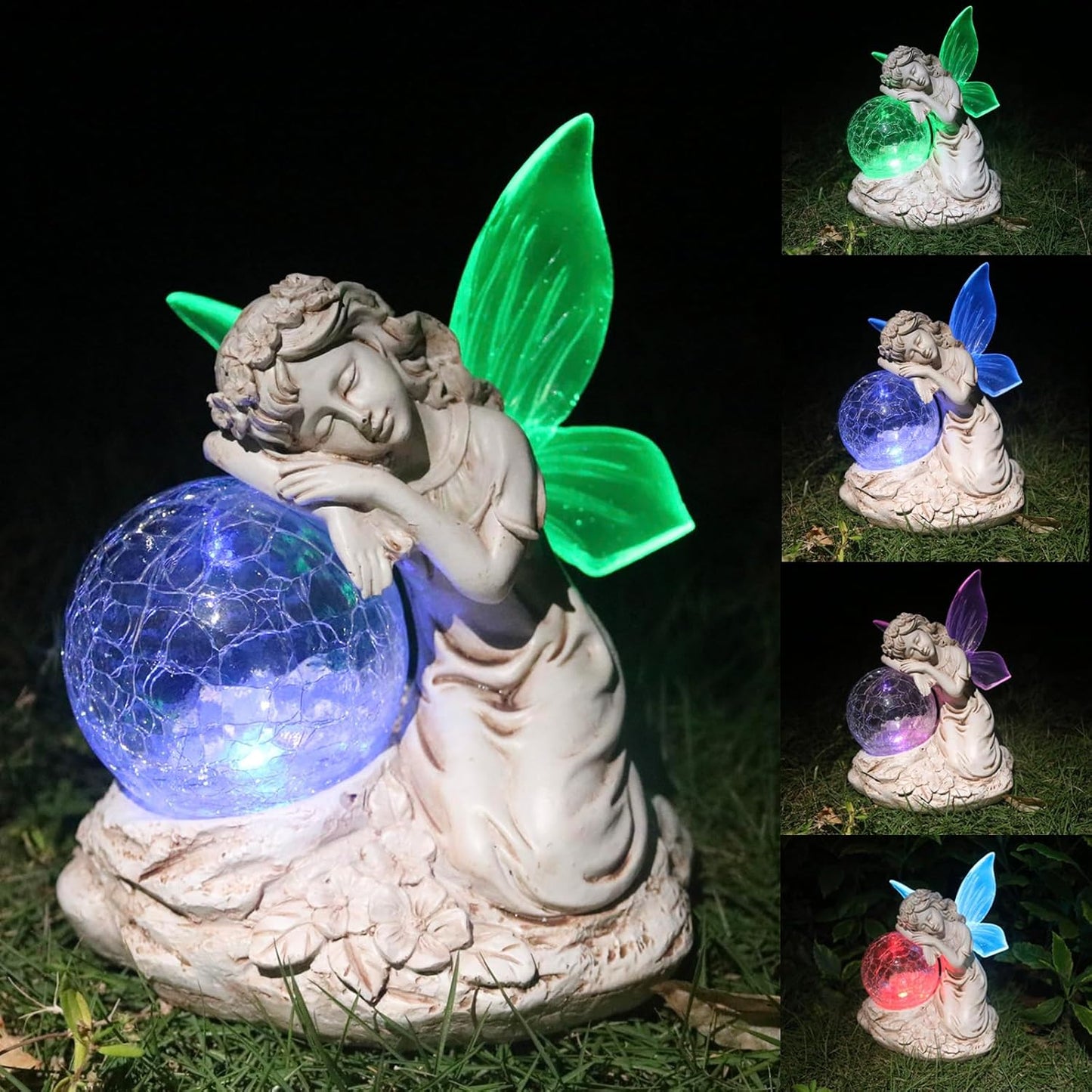 Solar Angel Garden Statue Outdoor Decor with Crackle Glass Globe Color Changing Light Angels Garden Figurines Garden Decor Lawn Ornaments for Patio Yard Lawn
