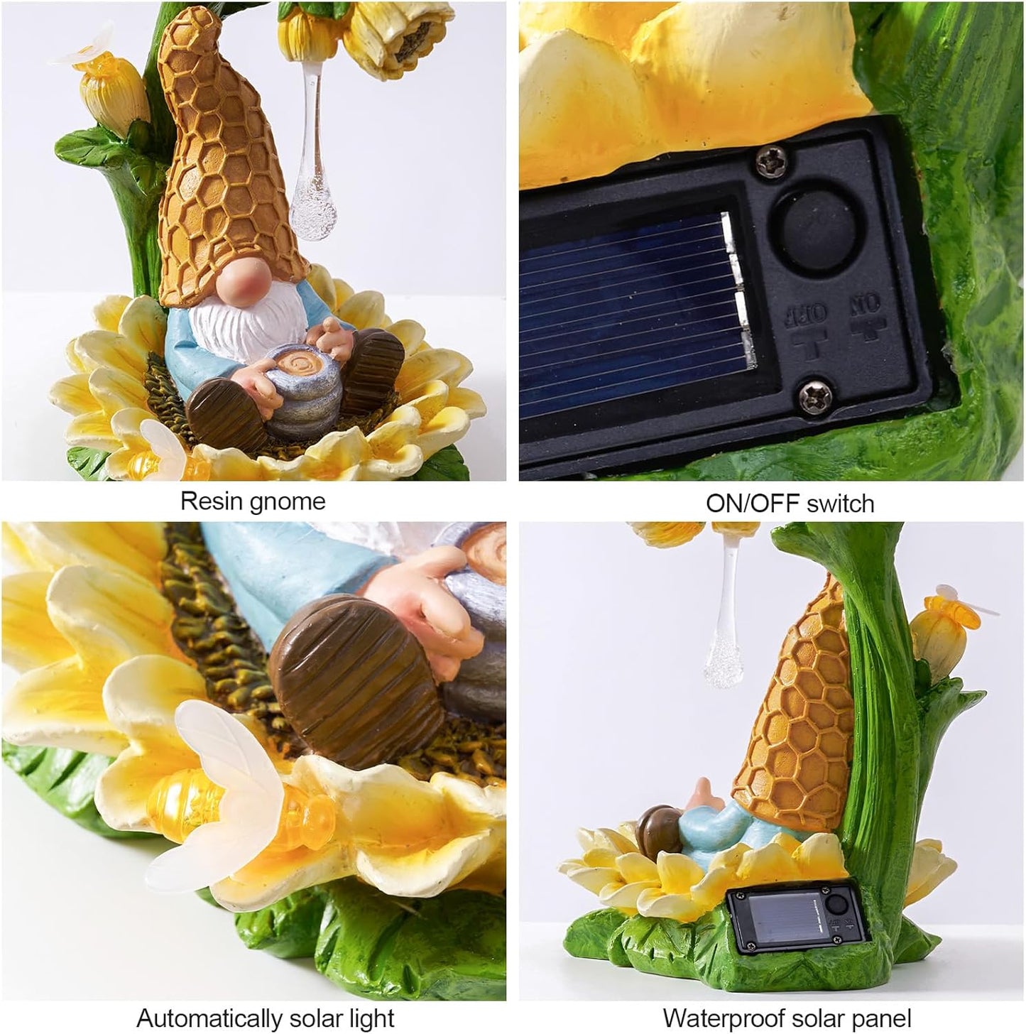 RM ROOMERS Gnome Garden Decor Solar Gnomes Decoration for Yard Decor Resin Sunflower Gnome Statue with LED Lights for Patio Honey Drip Home Gifts for Women Housewarming