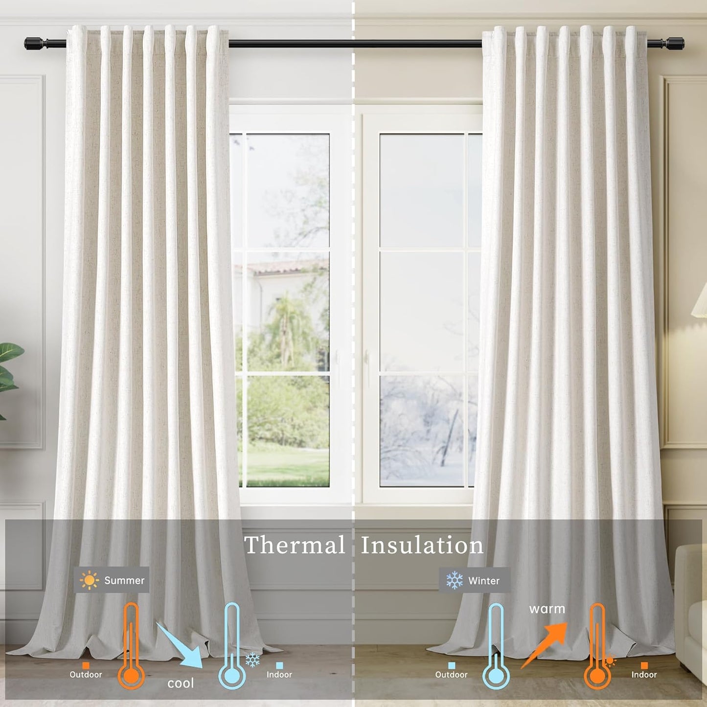 BOODII Room Darkening Curtains 120 Inch Back Tab Thermal Insulated Black Out Linen Drapes Extra Long Blackout Curtains for Patio Door Large Window Ceiling to Floor Light Blocking Natural Cream 52x120