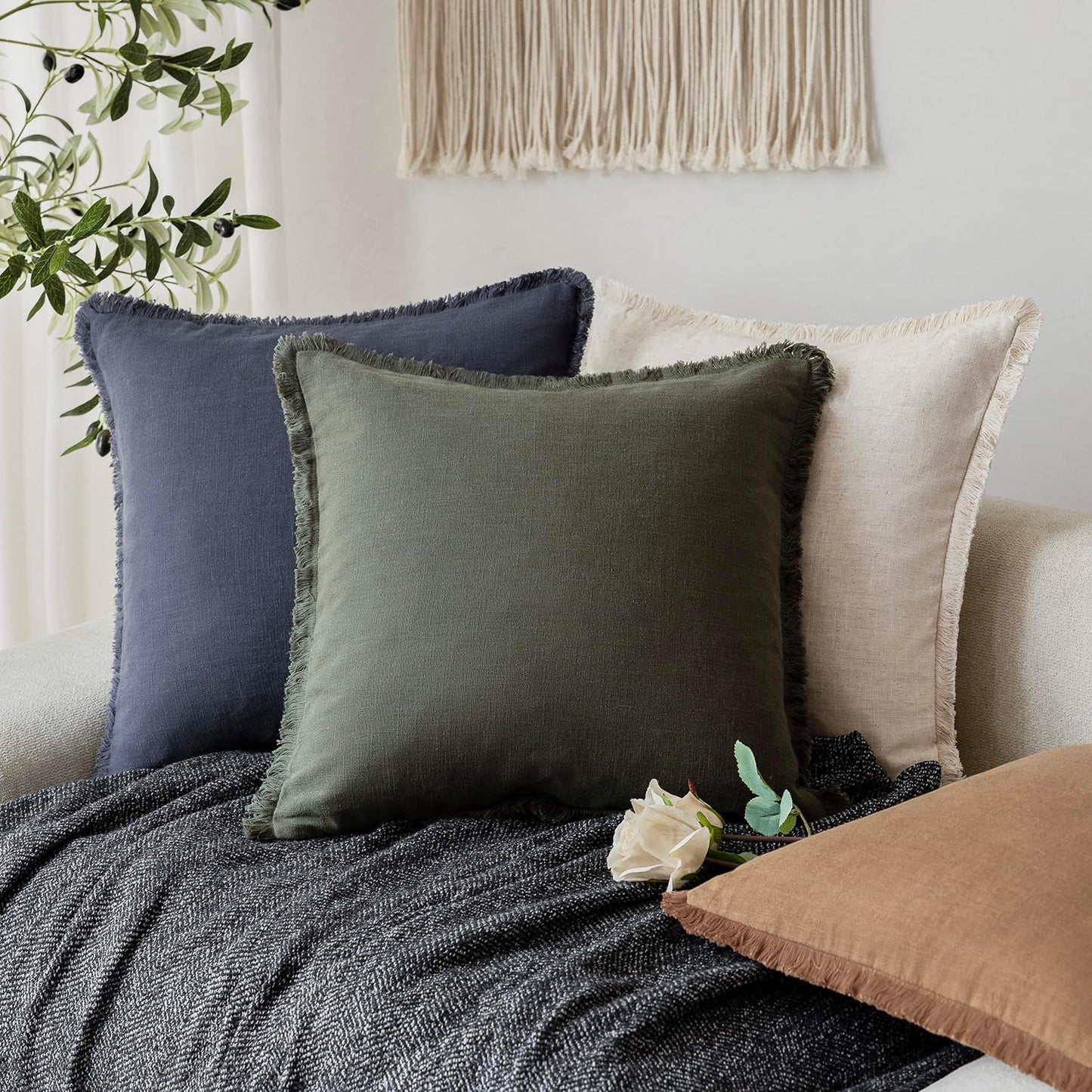 Foindtower Set of 2 Decorative Linen Fringe Throw Pillow Covers Boho Farmhouse Cushion Cover with Tassels Soft Accent Pillowcase for Couch Sofa Bed Living Room Home Decor,26×26 Inch,Dark Olive Green