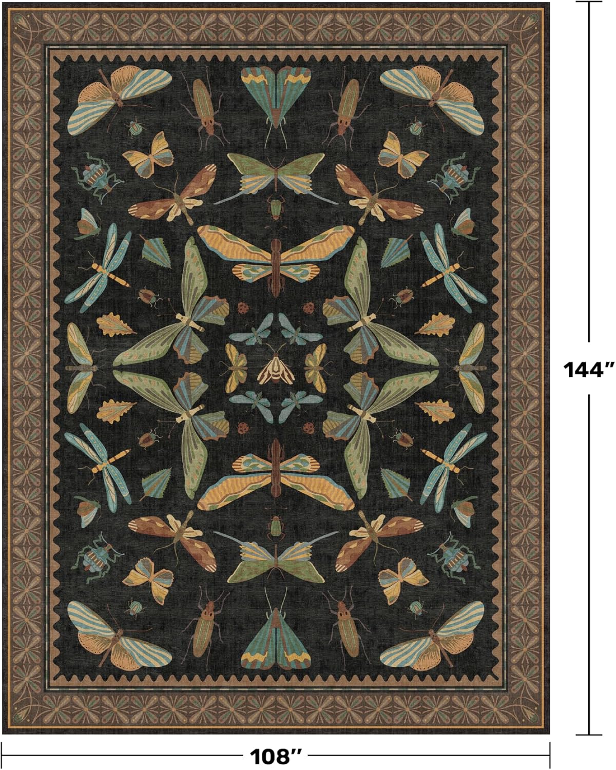 Large Black Rug for Living Room - Area Rugs 9x12 Dining Room Table, Large Bedroom Under Bed, Unique Insect Bug Home Décor, Foldable Soft Stain Resistant