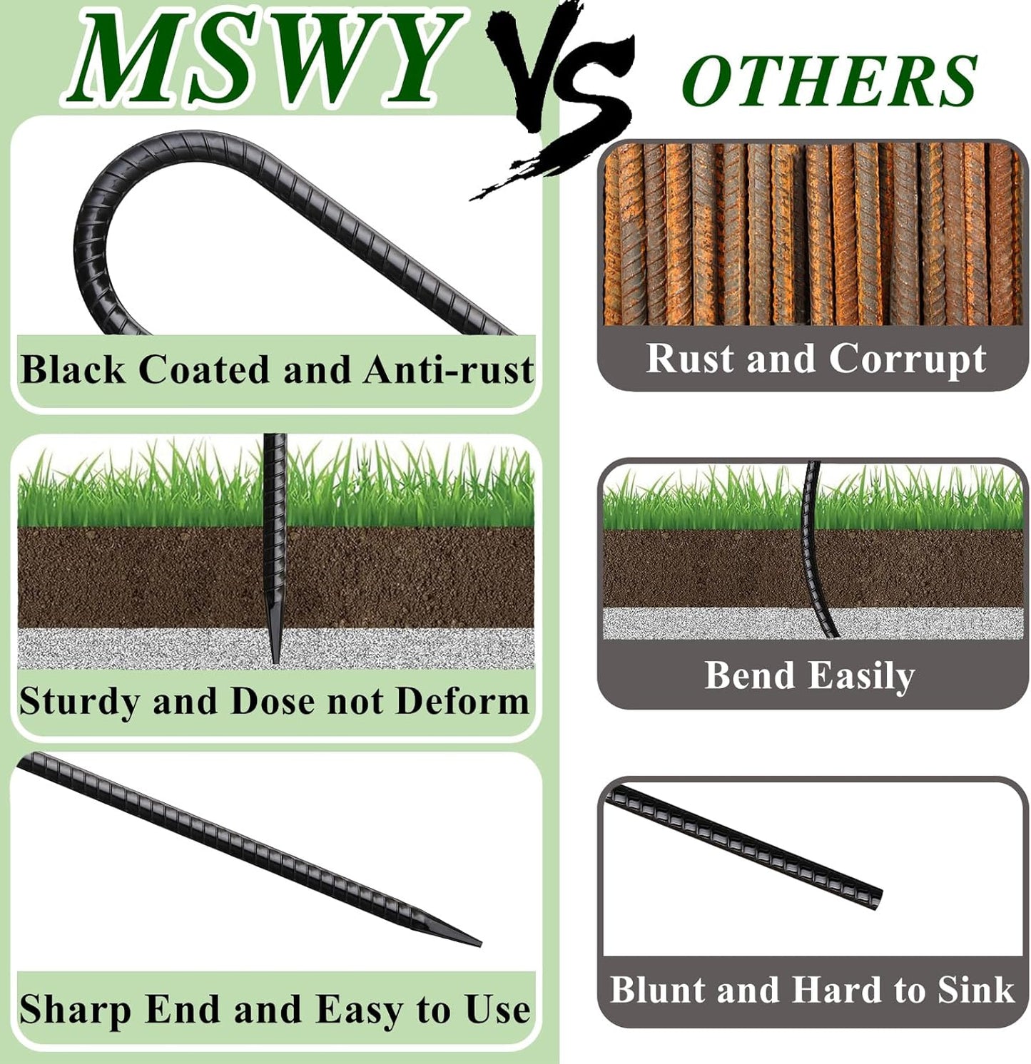 Rebar Stakes 16 Inch 20 Pack J Hook Ground Stakes Heavy Duty Tent Stakes Chain Link Fence Stakes with Chisel Point End Galvanized Steel Ground Anchors Metal Spikes Black Coated