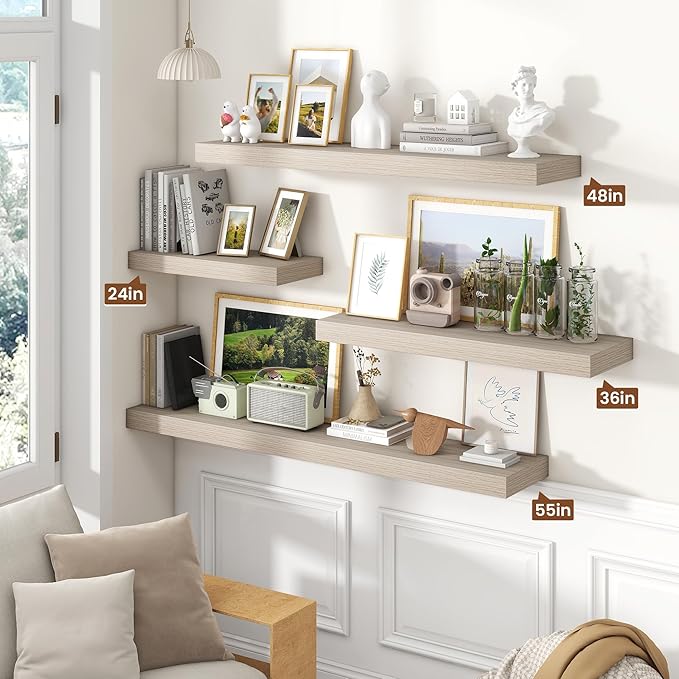 Heimlove 55 Inch Floating Shelves for Wall,10 Deep Large Grey Floating Shelf with Heavy Duty Brackets,Wall Shelf Mounted Storage & Display Shelves for Bedroom,Living Room,Kitchen,Office