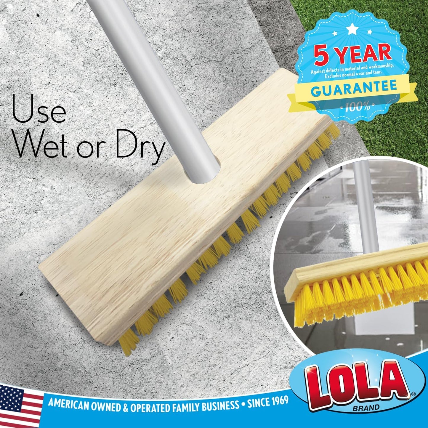 Lola Products Deck Scrub Brush Broom, 9" x 3.5" Wide, Durable Bristles Remove Dirt, Grime, Grout, Leaves, Snow on Patios, Decks, Wet or Dry, 9 Count