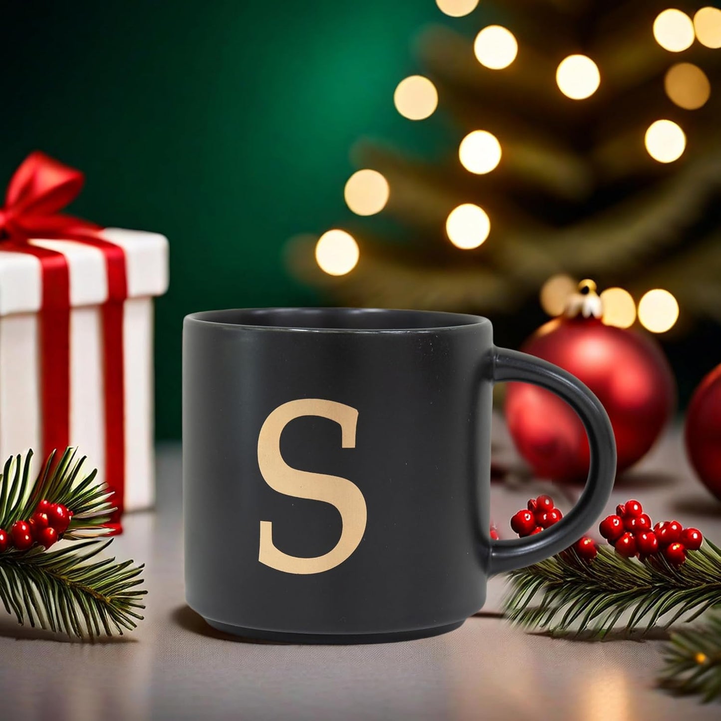 COLLECTIVE HOME - Monogram Ceramic Mugs, 15 oz Golden Initial Black Coffee Cups, Elegant Alphabet Tea Mugs, Elegant Personalized Mug with Gift Box, Unique Mug with Double Side Capital Lette (S)