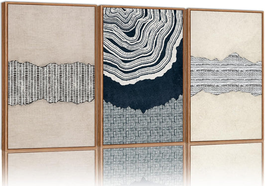 SIGNINART Blue and Beige Framed Canvas Wall Art Set, Neutral Abstract Tree Ring Wall Decor, Minimalist Dots and Line Artwork, Geometric Pattern Art Paintings for Living Room, Bedroom, Office 16"x24"x3