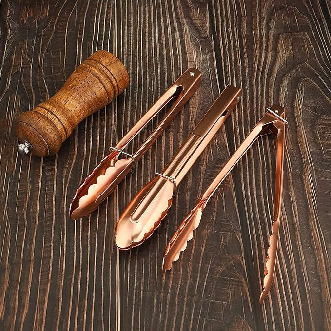 MSY BIGSUNNY 9 Inch Kitchen Food Tongs for Cooking and Serving Tongs- Aluminum - Set of 3 (pink gold)