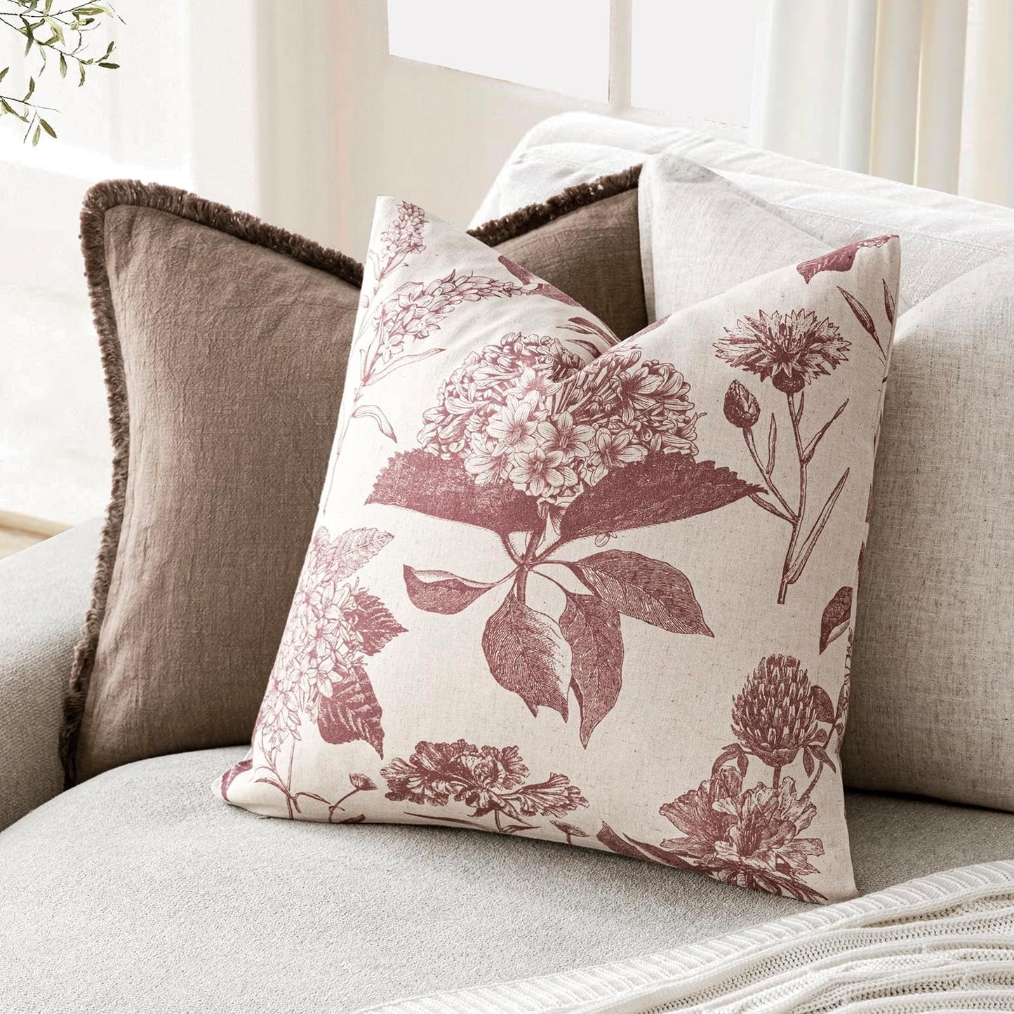 Foindtower Set of 2 Linen Floral Vintage Throw Pillow Covers Neutral Accent Decorative Cushion Covers Farmhouse Boho Home Decor for Sofa Chair Couch Bedroom Living Room Outdoor,20×20 Inch,Dark Pink