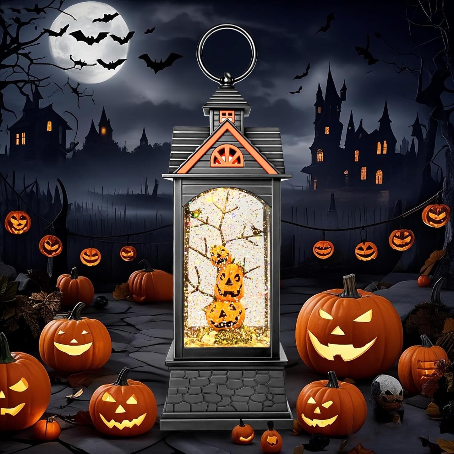 Halloween Snow Globe Lantern, Spooky Ghost Halloween Decor, Plug-in & Battery Operated Snow Globes for Halloween Decorations Indoor