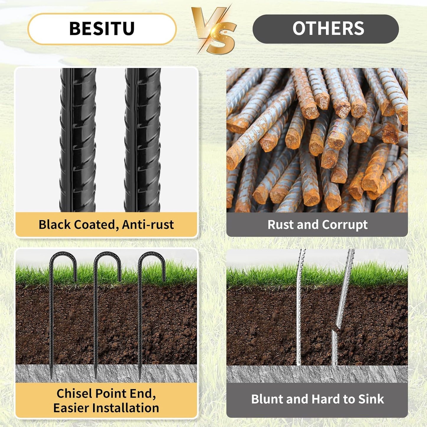 16 Inches 24-Pack J Hook Rebar Stakes Heavy Duty Tent Stakes with Chisel Point End, Steel Ground Anchors Metal Garden Stakes Chain Link Fence Stakes Black Coated