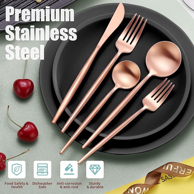 Matte Rose Gold Silverware Set for 6,Modern Stainless Steel Brushed Cutlery Set,30-Pieces Heavy Duty Flatware Set,Knives Spoons and Forks Set Utensils Set, Satin Finish, Dishwasher Safe