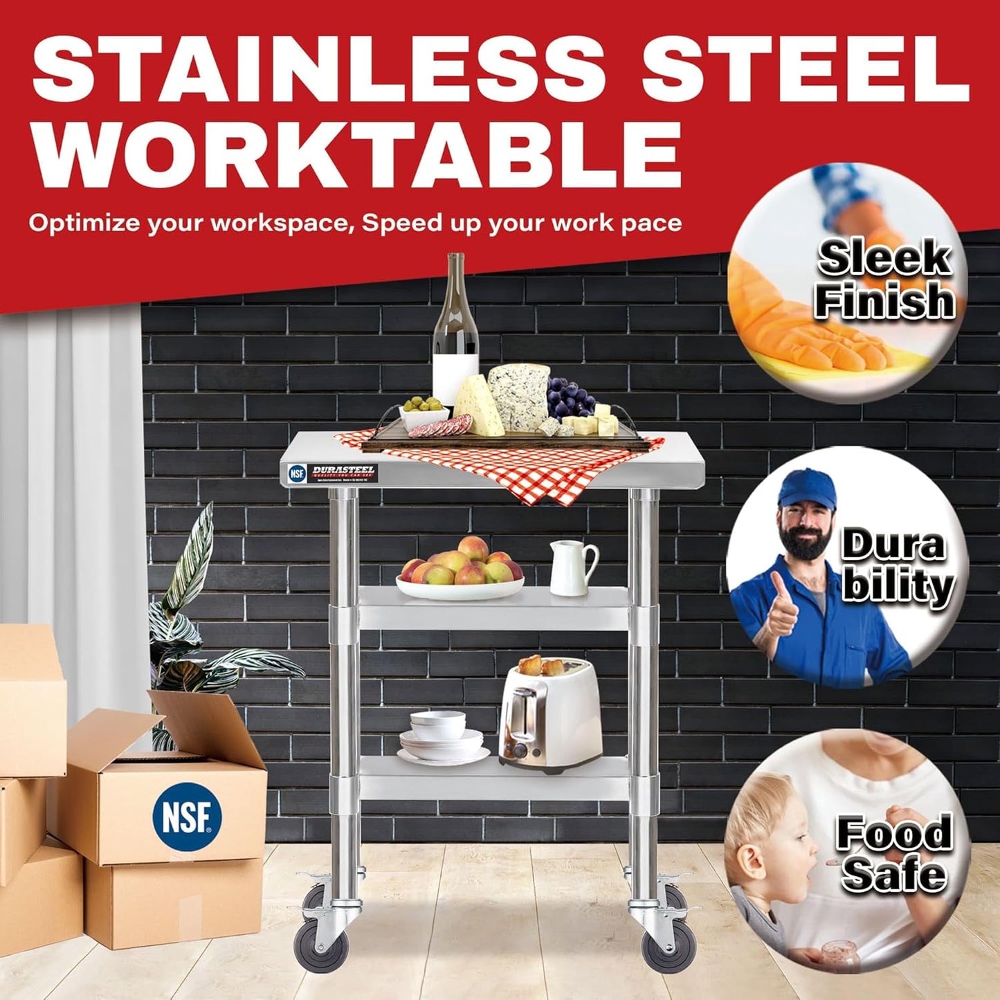 DuraSteel Stainless Steel Work Table 30" x 12" x 34" Height w/ 4 Caster Wheels - Food Prep Commercial Grade Worktable - NSF Certified - Good for Restaurant, Business, Warehouse, Home, Kitchen, Garage