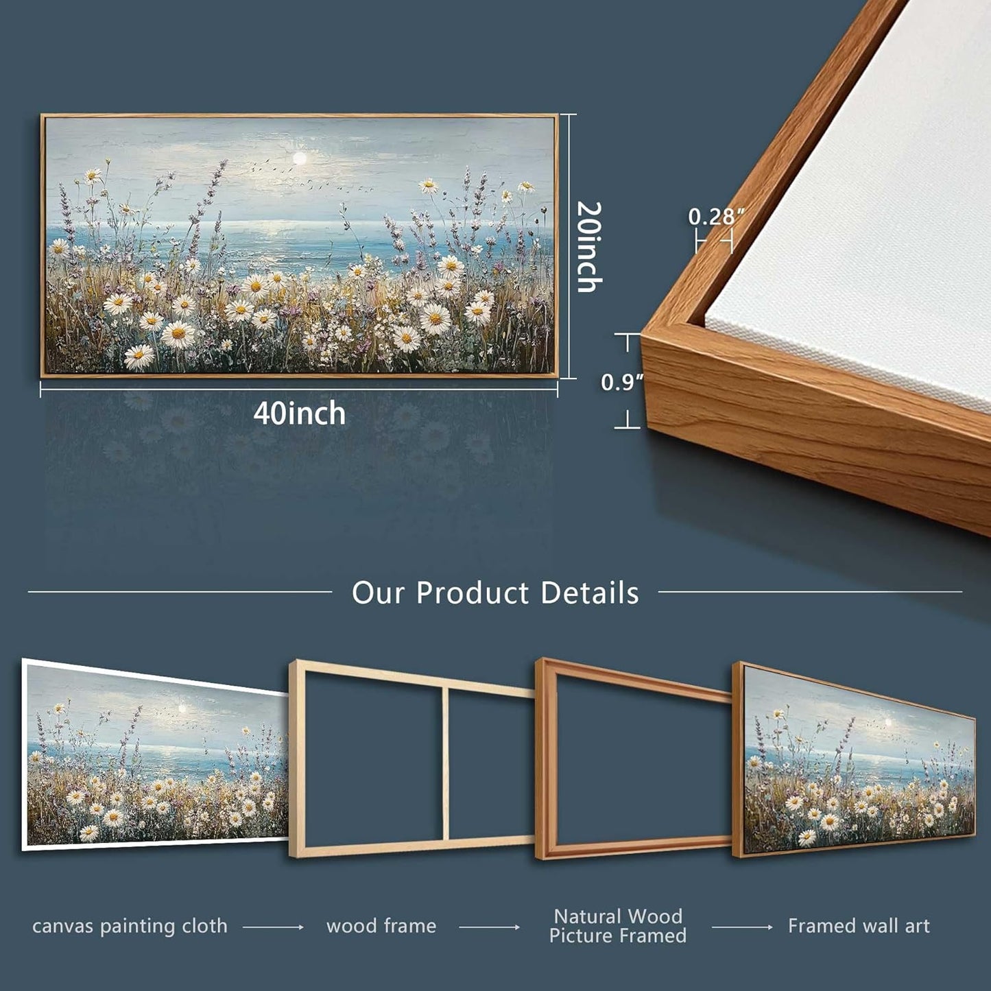 PHAOHUAXM Wall Decor For Living Room Wall Art For Bedroom Office Decorations Blue Ocean Paintings Flowers Watercolour Wall Pictures Canvas Artworks Home Decor Ready To Hang Wood Framed 20x40 In