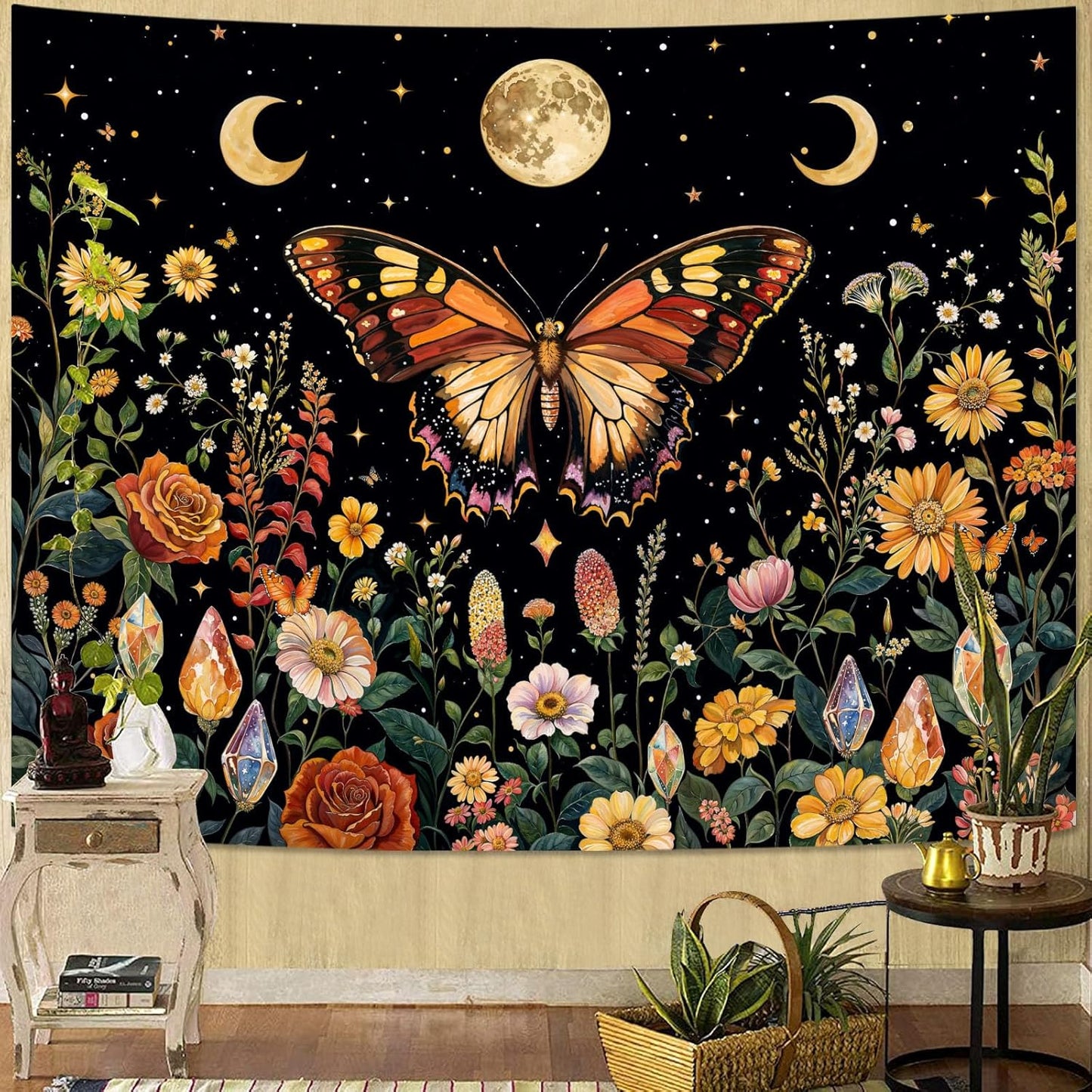 Lunerfex Boho Butterfly Tapestry Flower Moon Wall Tapestry, Moon Phases Tapestries for Bedroom Cute Tapestries Wall Hanging for Bedroom Living Room Decor Butterfly-2 60"x80"