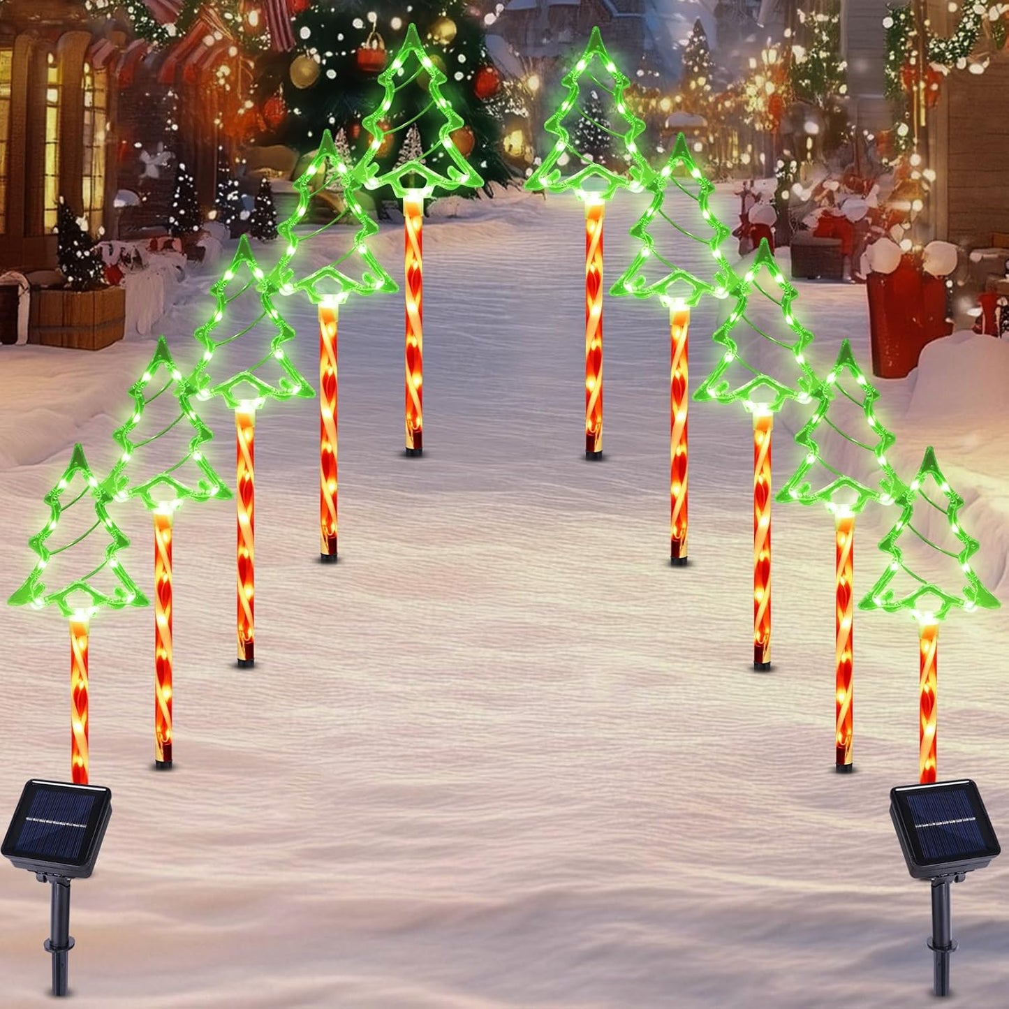 Christmas Solar Pathway Lights Outdoor Decorations， 8 Modes Xmas Tree Candy Lights Waterproof Led Garden Stake Light for Walkway Yard Lawn Porch Holiday Decor 10-Pack (Red Tube Tree, 10 Pack)