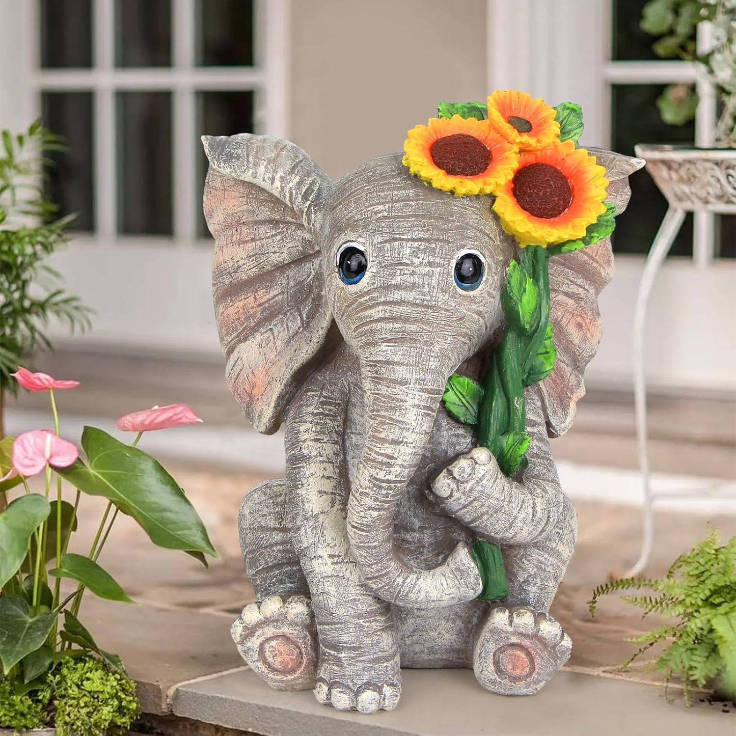 Outdoor Sculpture Figurine Statue Elephant Decor,Solar Garden Statues for Patio Home Yard Decor,Good Luck Sunflower Elephant for Women, Mom Gifts Housewarming Gift
