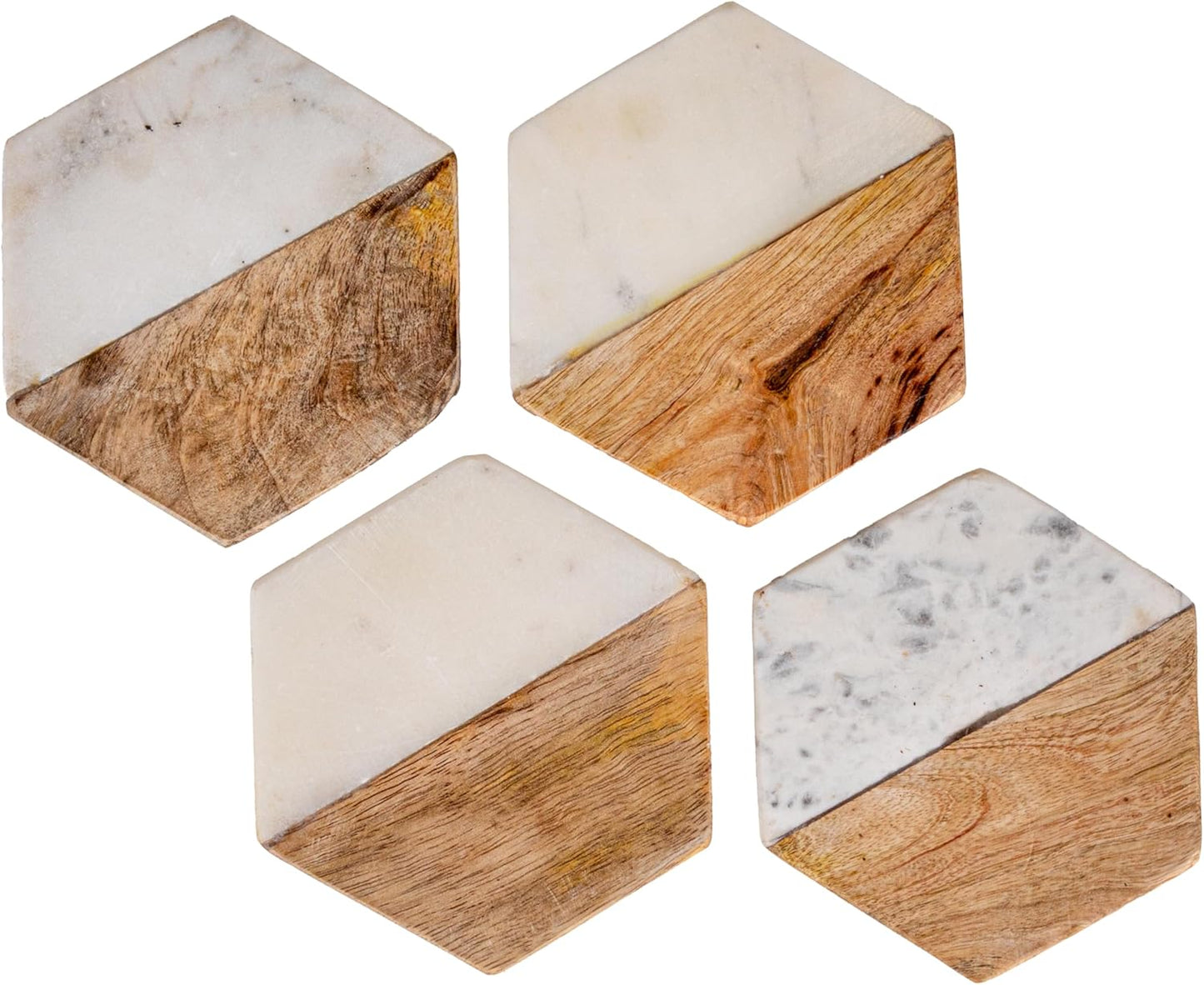 Creative Co-op Marble & Mango Wood Hexagon Coasters (Set of 4 Pieces)