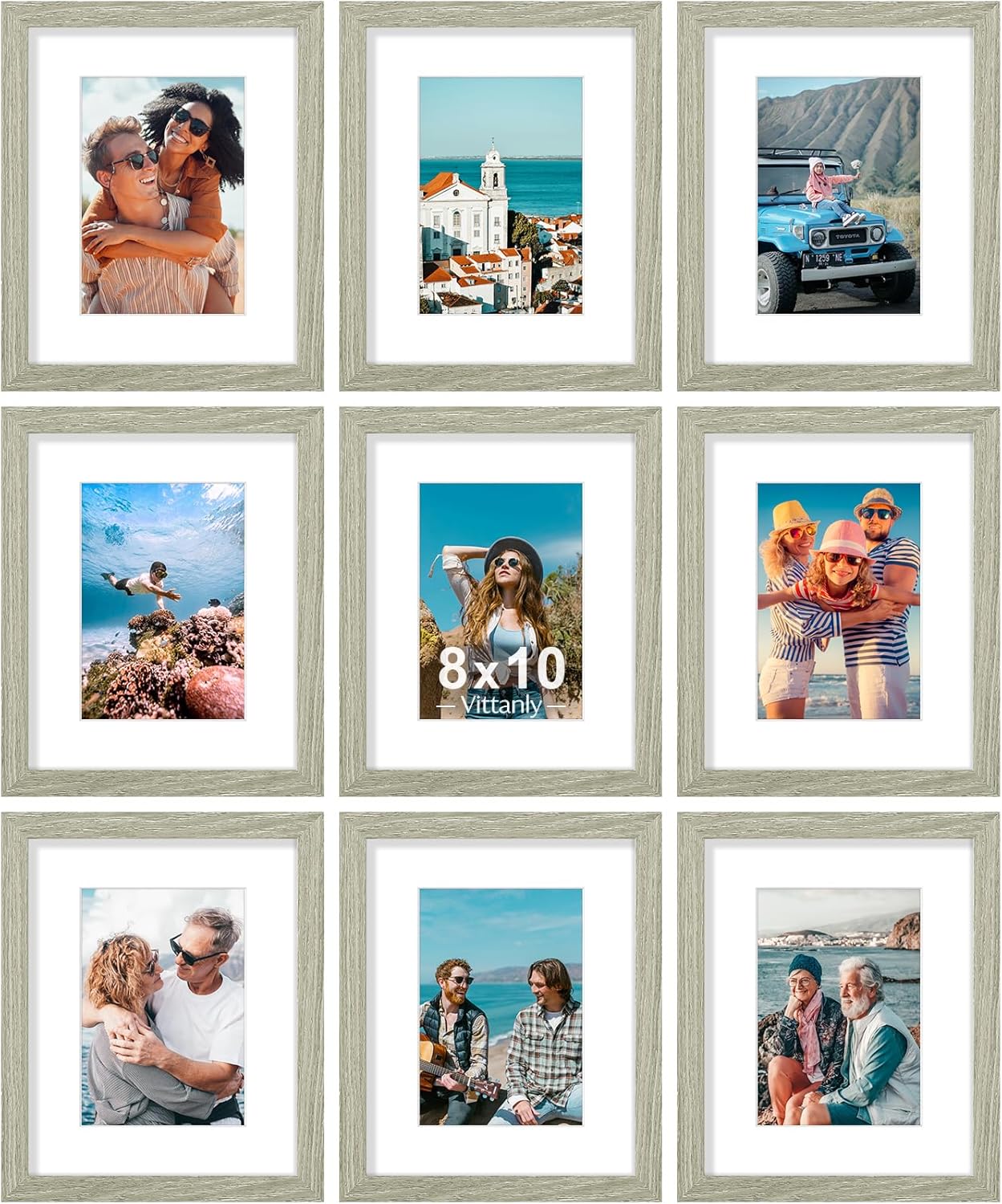 Vittanly 8x10 Picture Frames Set of 9, Shatter Resistant Plexiglass, Display 5x7 Pictures with Mat or 8x10 without Mat, Photo Frames for Wall or Tabletop, Engineered Wood, Driftwood