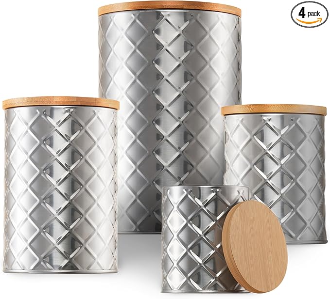 Pebble & Stem® Silver Stainless Steel Canister Set for Kitchen Counter, Food-Grade Canister Set of 4, Airtight Lids, Sugar and Flour Containers for Countertop, Coffee and Tea Storage, Farmhouse Decor
