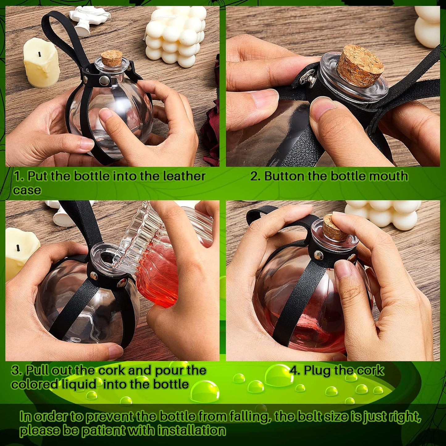 Patelai 6 Pcs Halloween Glass Potion Bottles with Belt Cork Renaissance Witch Costume Accessories Witch Props Potion Bottle for Halloween Party Decor Cosplay DIY Crafts Gift (Black)