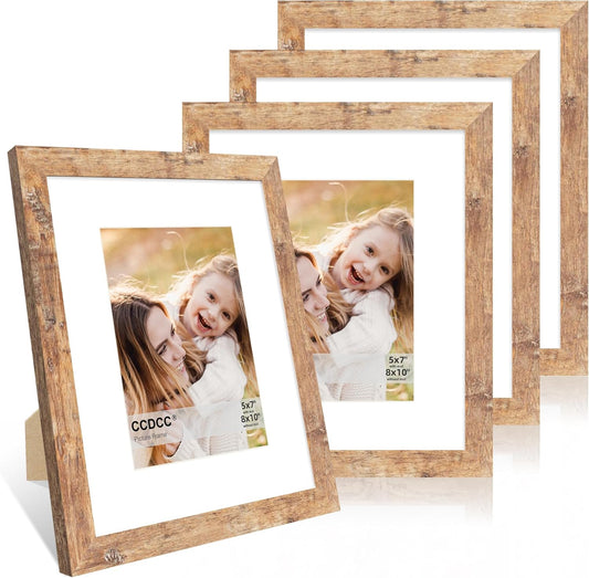 8x10 Picture Frame Set of 4, 8 x 10 Wood Photo Frames with Mat for 5x7, Natural Wooden Frame with Real Glass Cover for Wall and Tabletop Display,Brown