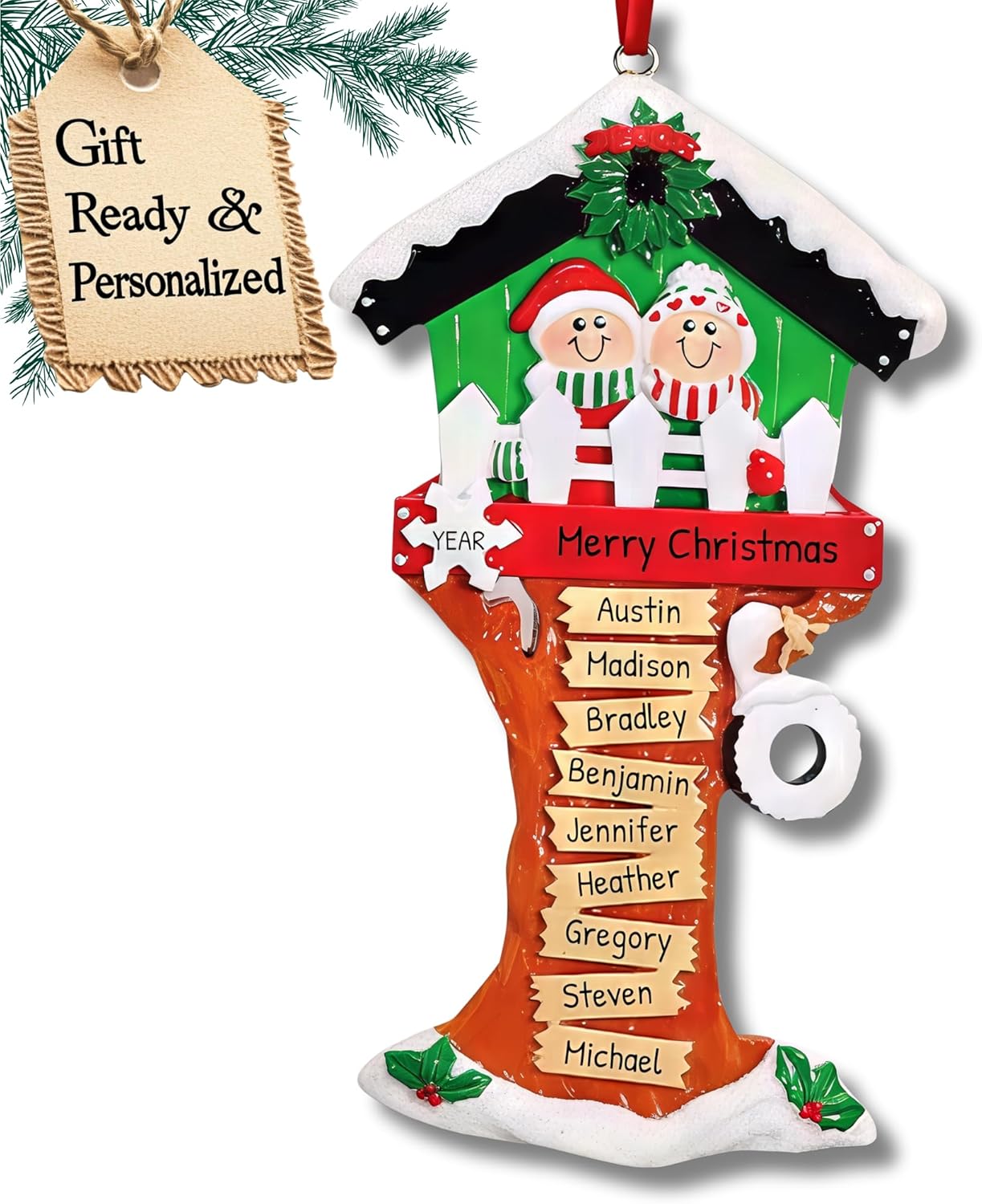 3D Treehouse Family of 9 Ornament 2025 Personalized Family Christmas Ornaments 2025 | Siblings Treehouse Personalized Tree Ornaments for Grandchildren, Siblings & Grandkids of Nine Banner Ornament