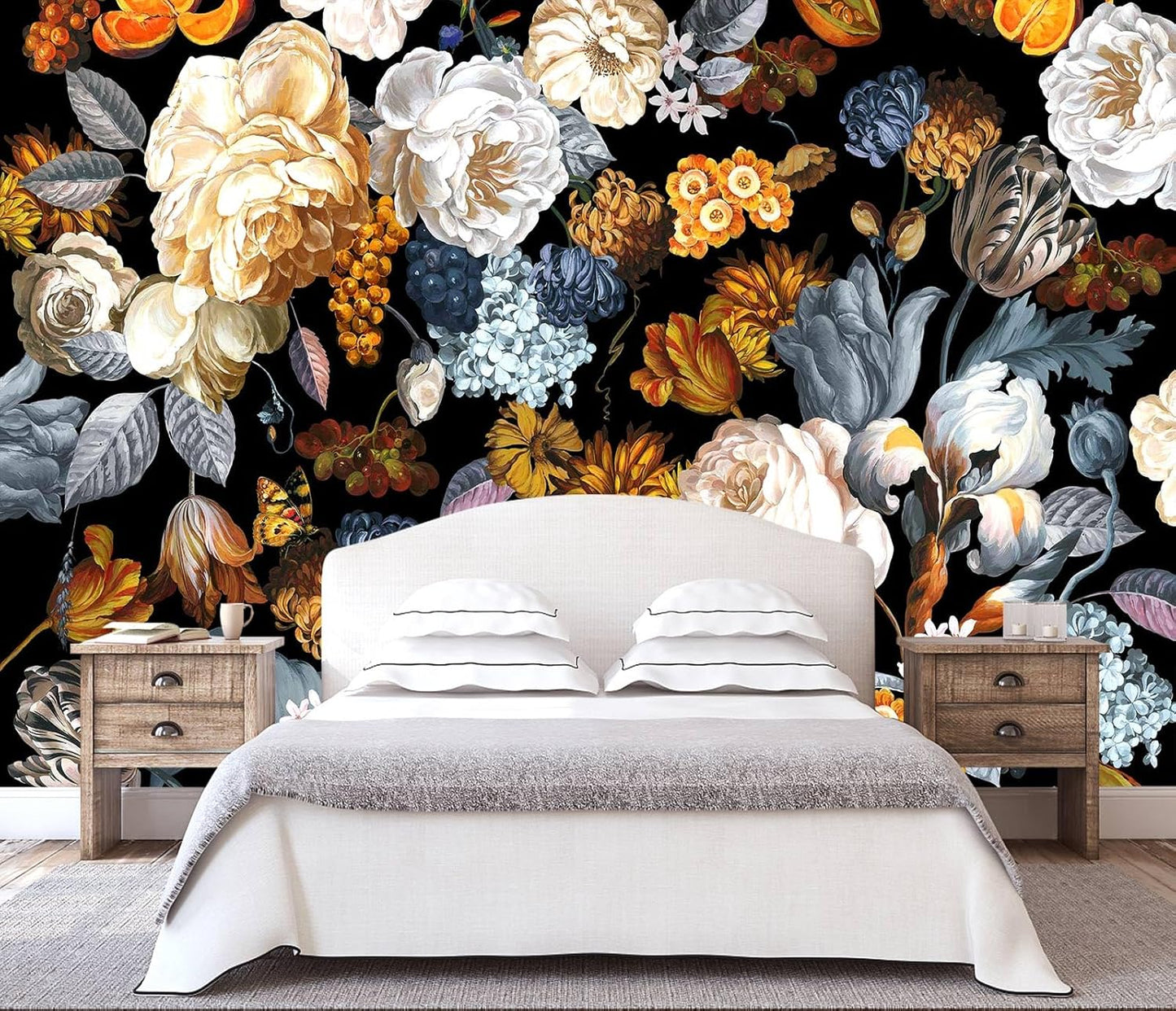 WFBHUA-Black and Gold Floral Wallpaper for Bedroom Vintage Blue Peony Flower Wall Mural (Not Peel and Stick)