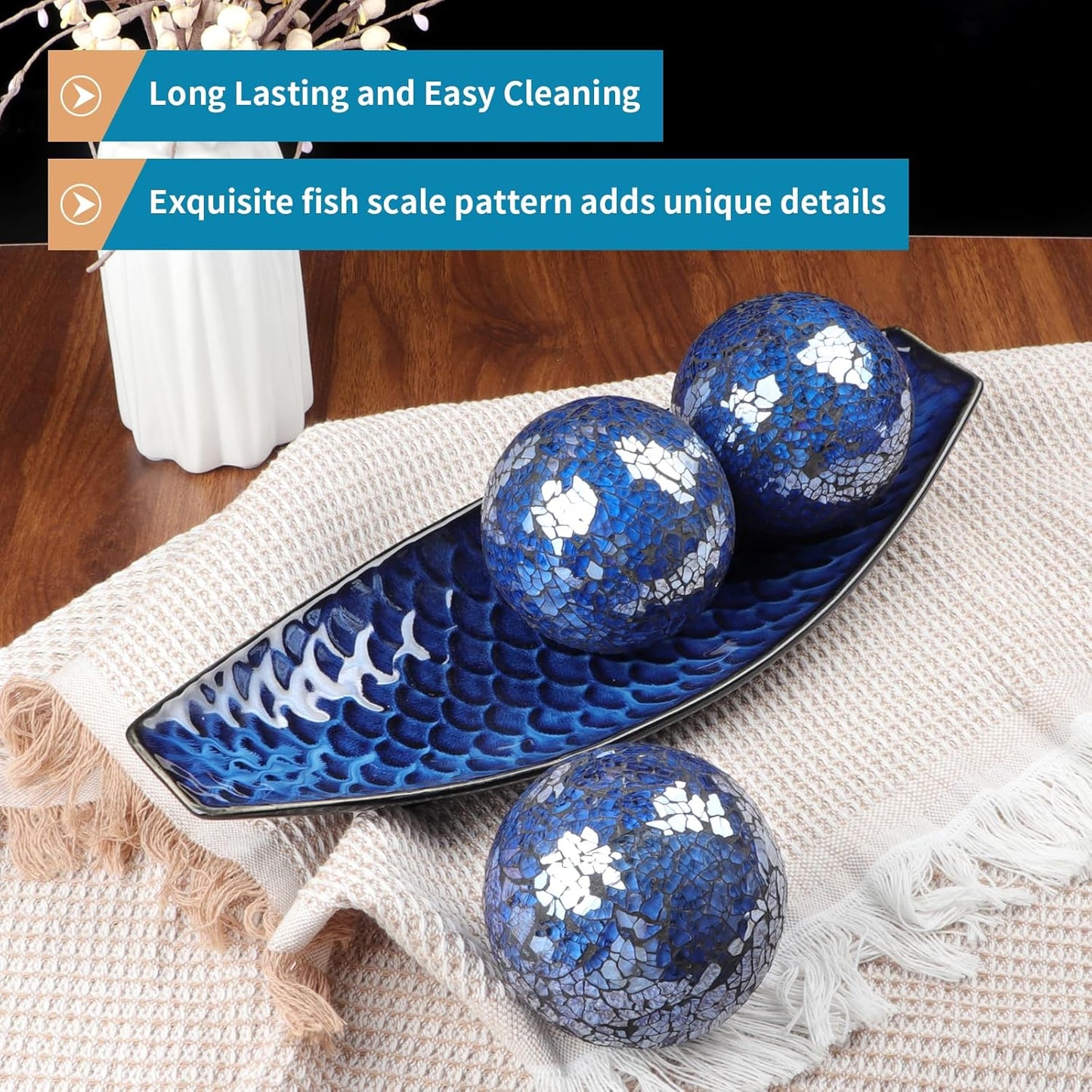 16" Large Ceramic Decorative Tray and 4" Glass Mosaic Balls Set of 4, Long Boat Shaped Centerpiece Bowl and Orbs Set for Home, Party Decor (Blue)