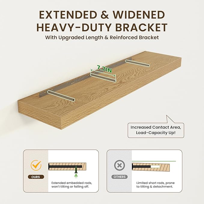 Deep Floating Shelves for Wall - 55 Inch Wide x 12 Inch Deep Wall Shelves Set of 1 - Rustic Oak Color Wood Shelves for Living Room, Bathroom, Laundry Room, Bedroom, Kitchen, Home Office