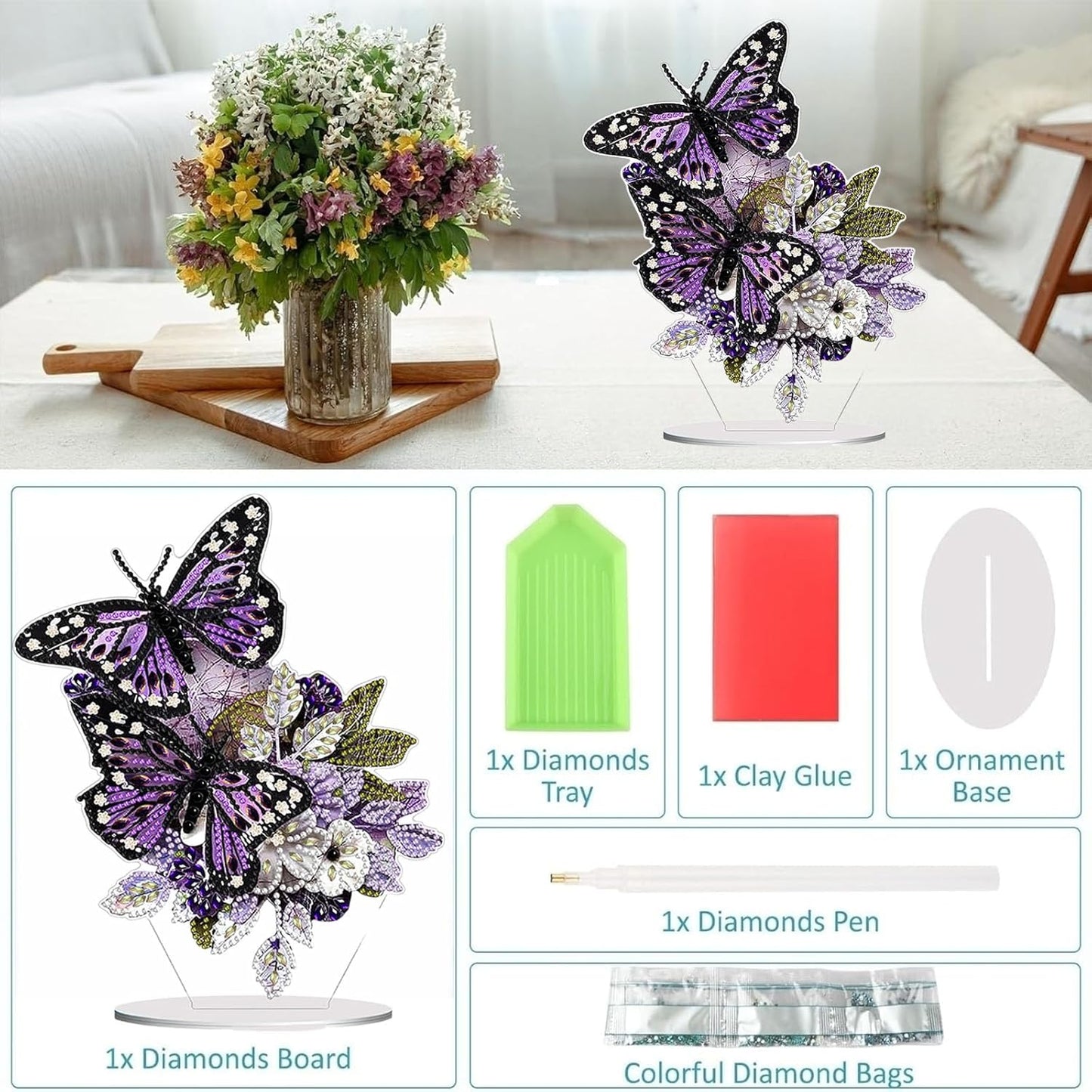 Diamond Painting Kits for Adults Beginners, 5D Full Drill Flowers and Butterfly Crystal Art Desktop Ornament, DIY Single Sided Home Office Desk Decor, Creative Craft Gift Set with Tools