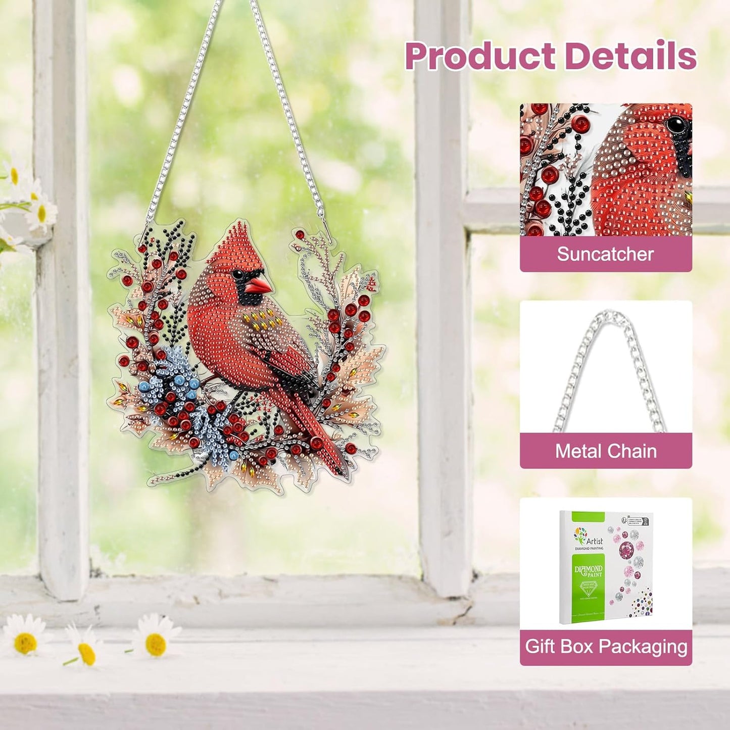 EOBROMD Diamond Hanging Art Kits for Adults Cardinal Birds, Suncatcher Diamond Art Painting, DIY Special Shaped Rhinestone Kits for Adults, Window Pendants Home Garden Wall Hanging Ornament