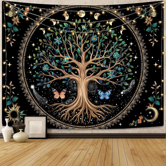 Lunerfex Tree of Life Tapastry Sun and Moon Tapastry Flower Boho Tree Mandala Wall Hanging for Bedroom and Living Room Decor Green Tree 70×90 Inches