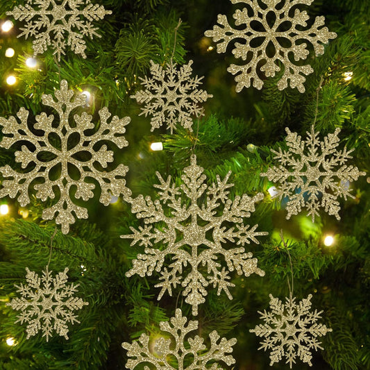 36pcs Christmas Gold Snowflake Ornaments Plastic Glitter Snow Flakes Ornaments for Winter Christmas Tree Decorations Size Varies Craft Snowflakes