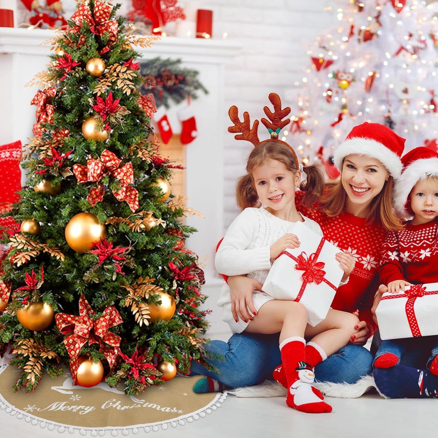 30 Inch Christmas Tree Skirt, Burlap Linen Color Christmas Rustic Tree Skirt with Elk Deer and White Snowflake Printed for Holiday Party Xmas Tree Decoration