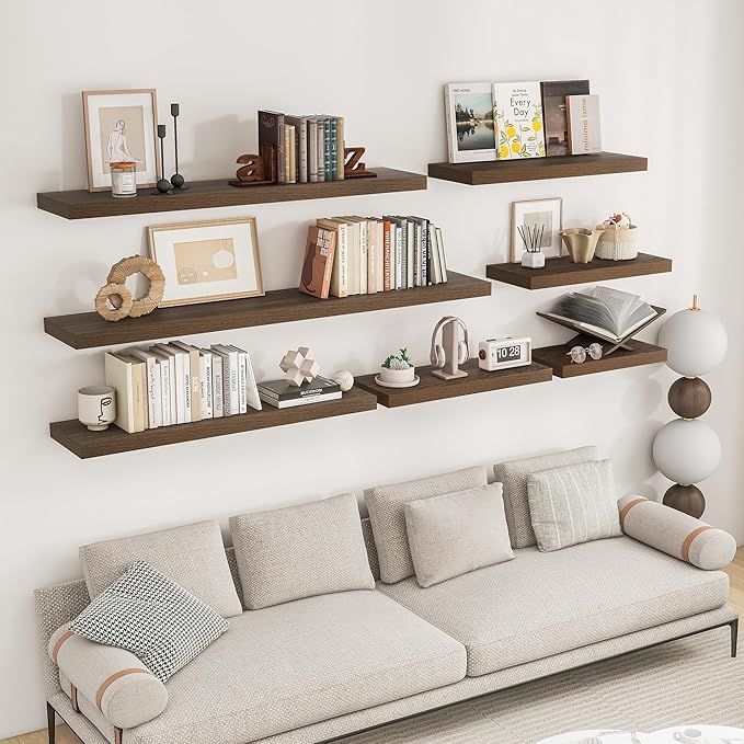 RICHFOCUS 16Inch Floating Shelves for Wall 2 Pack Shelves for Bedroom|Kitchen|Bathroom Wall Mounted Rustic Wood Floating Shelf with Invisible Brackets for Books|Storage|Decor, Walnut