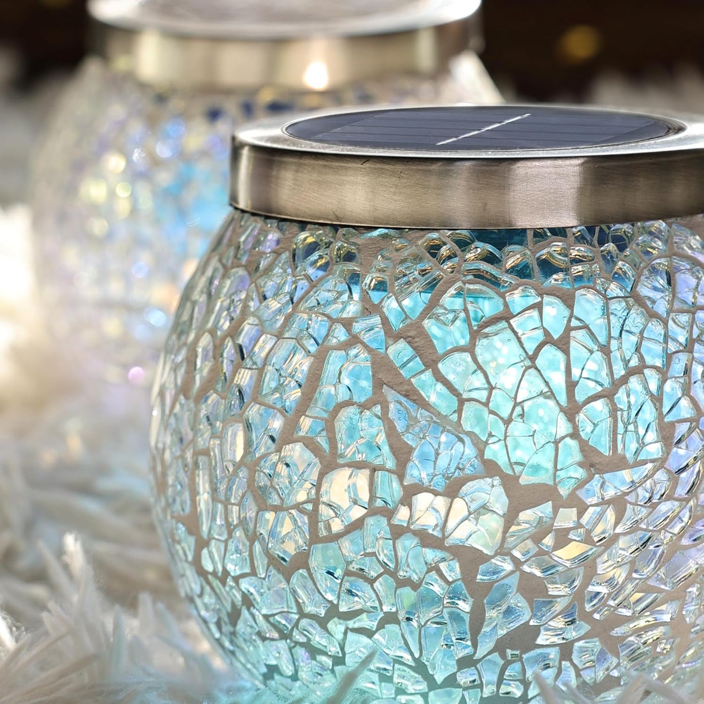 Cooo 2 Pack Heavy Solar Mosaic Crackle Glass Lights with Dual Solar Panels, Color-Changing RGB Lantern, Exclusive Dazzling Glass, Waterproof Outdoor Table Lamps Garden Lamp Landscape Path Light