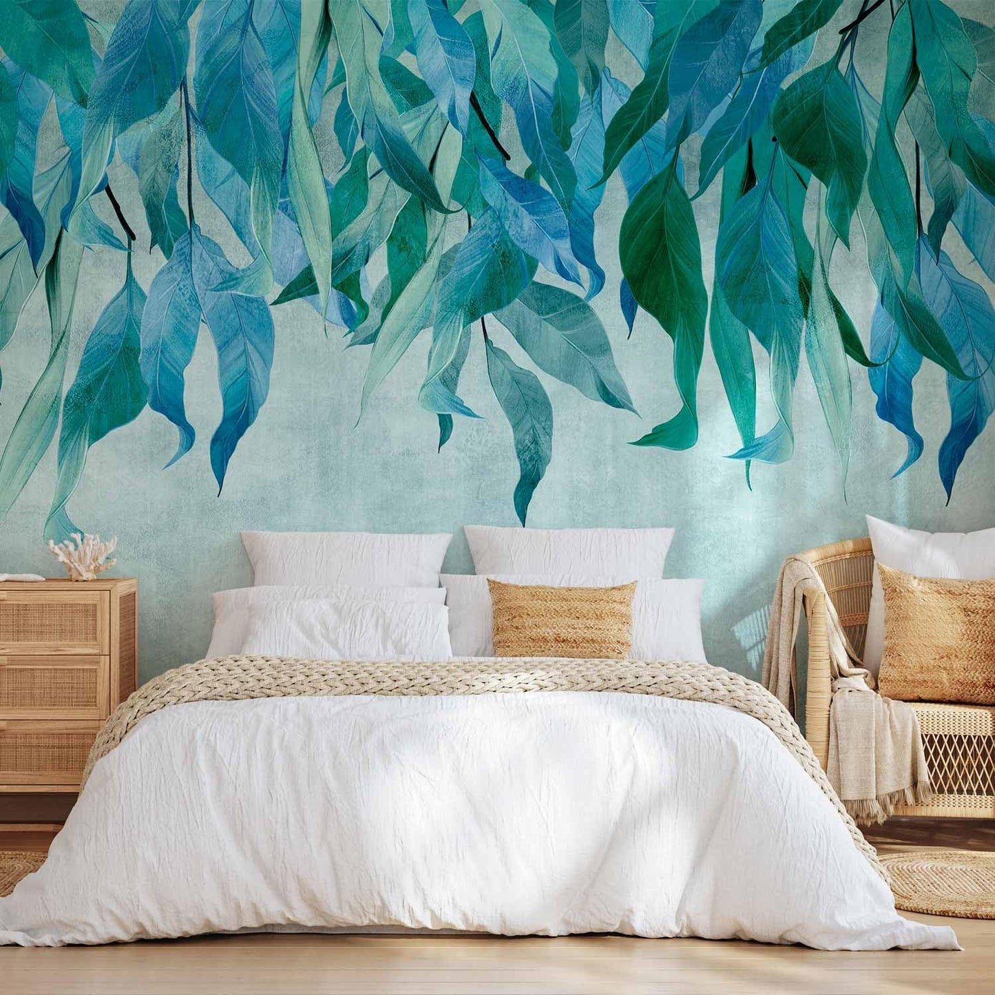 artgeist Premium Wall Mural Hanging Leaves 177x124 in - Non-Woven Wallpaper Fleece Wall Decor Photo Print Picture Image Design Nature Botanical Concrete Green Blue b-C-10146-a-b