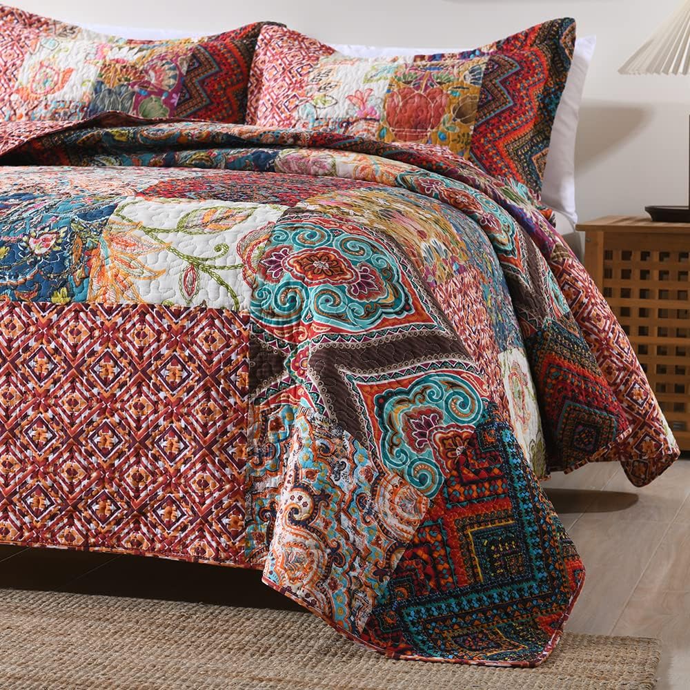 Autumn Dream Cotton Patchwork Bedspread Quilt Sets, Reversible Bedding Coverlet Sets, Red Gorgeous Vintage Pattern, King Size