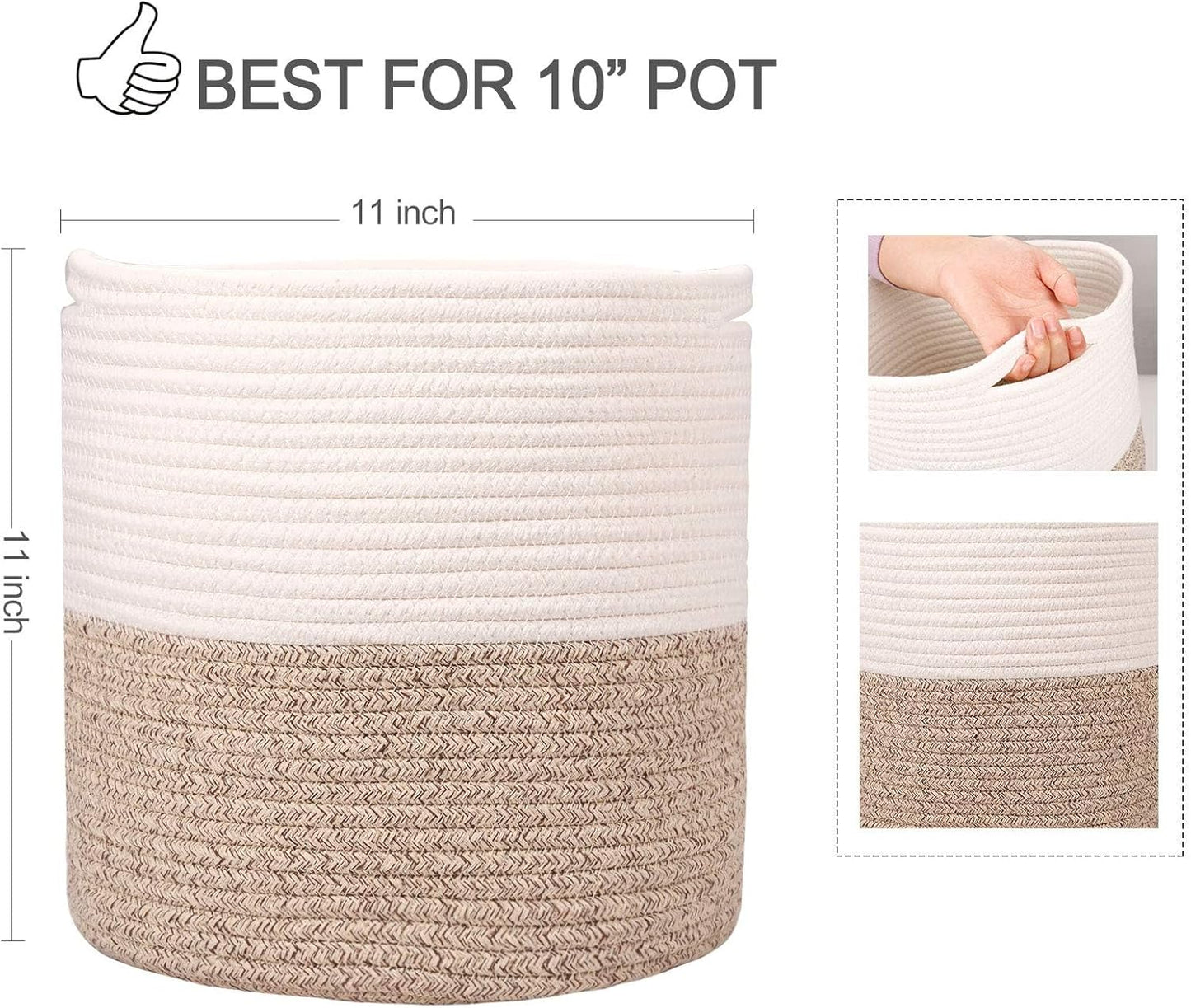 Planter Baskets for Indoor 11" Planters Cotton Rope Flower Plant Pots Cover,Woven Storage Baskets for Crafts, Organization Modern Home Decor 11"x11"Khaki
