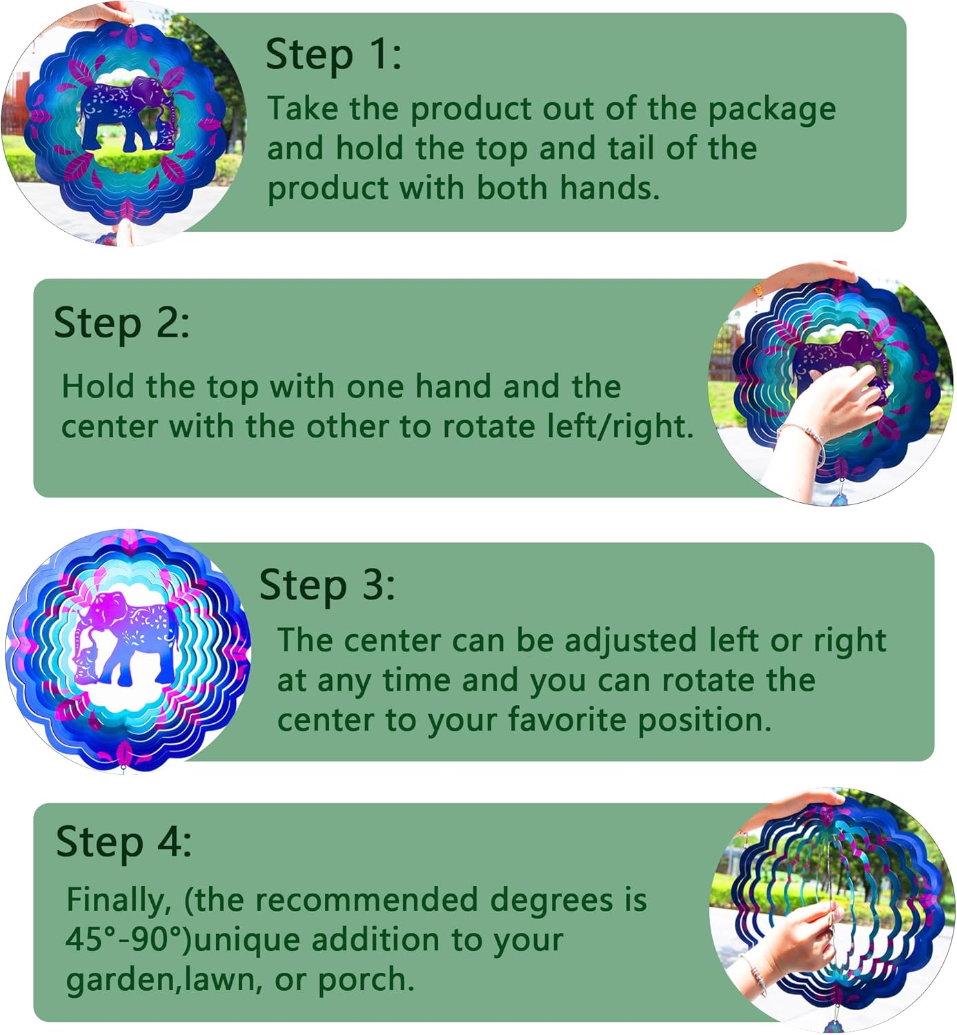 12 inch Elephant 3D Stainless Steel Wind Spinners, Hanging Garden Spinner Kinetic Art Garden Decorations, Reflective Wind Sculpture for Indoor/Outdoor Decor