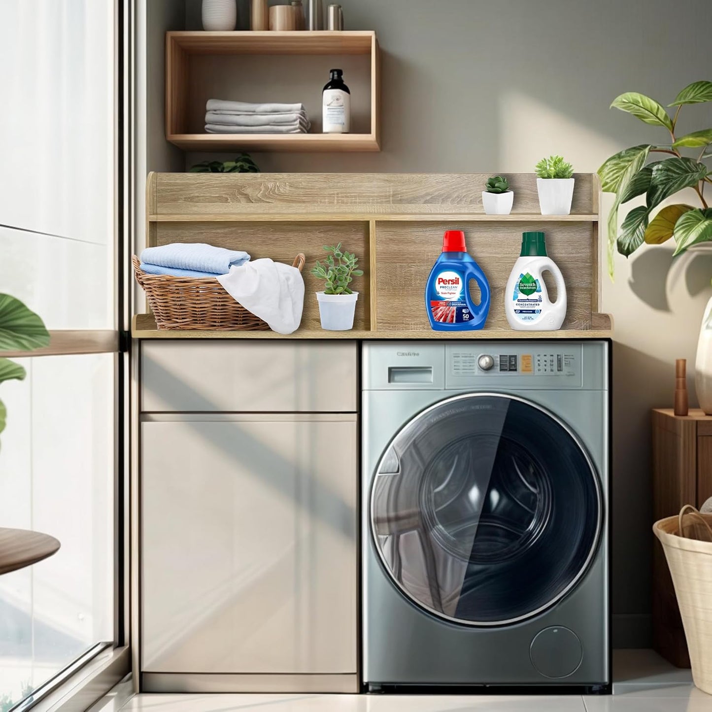 Royxen 2-Tier Washer Dryer Countertop,19.5"H Wood Washer and Dryer Topper with Shelf,Laundry Countertop Over Washer and Dryer, Universal Fit for Laundry Room Organization (White Oak, 54"W X 27.5"D)