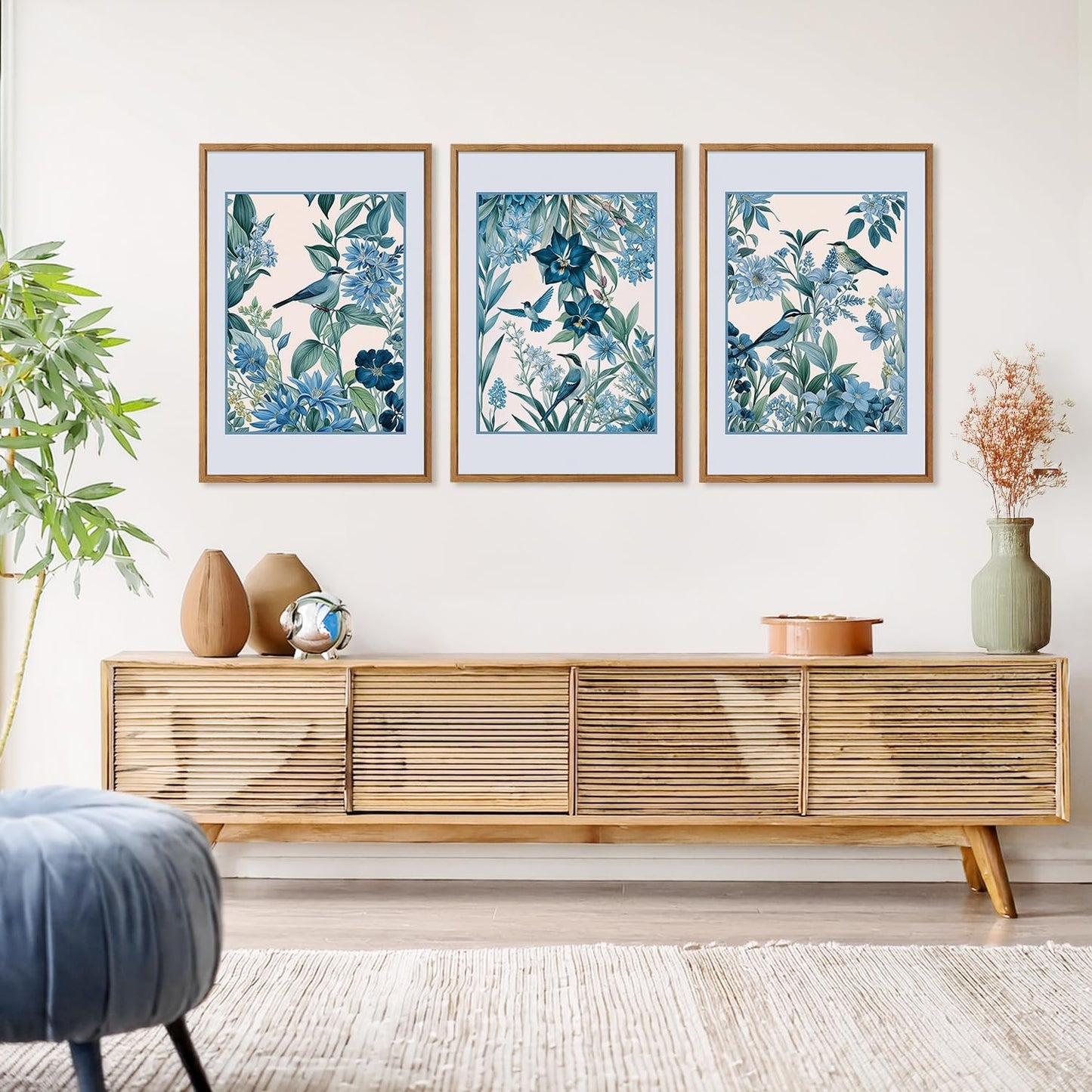 Aurlan Vintage Blue Birds and Botanical Framed Wall Art(16"x24"), 3PCS Classic Chinoiserie Audubon Bird Canvas Artwork, Large Abstract Watercolor Flowers Floral Home Decor for Bedroom Living Room