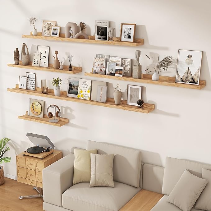 Floating Picture Ledge Shelves 72 Inch Solid Oak Wood Set of 2, Rustic Wall Storage Shelves with Lip, Kids Bookshelf, Photo & Picture Ledge Shelves for Bedroom, Living Room, Kitchen