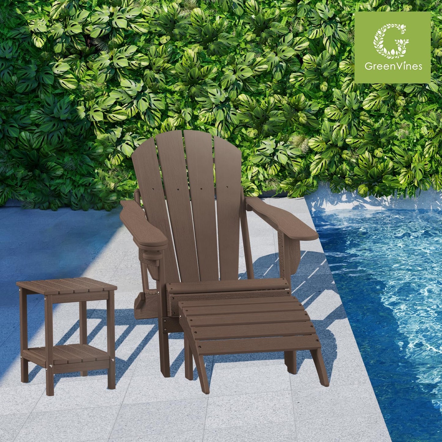 GREENVINES Adirondack-Ottoman | Wood Grain | HDPE Plastic | Outdoor Footrest | All Weather | Foot Rest | Foot Stool | Dark Brown | for Adirondack Chair