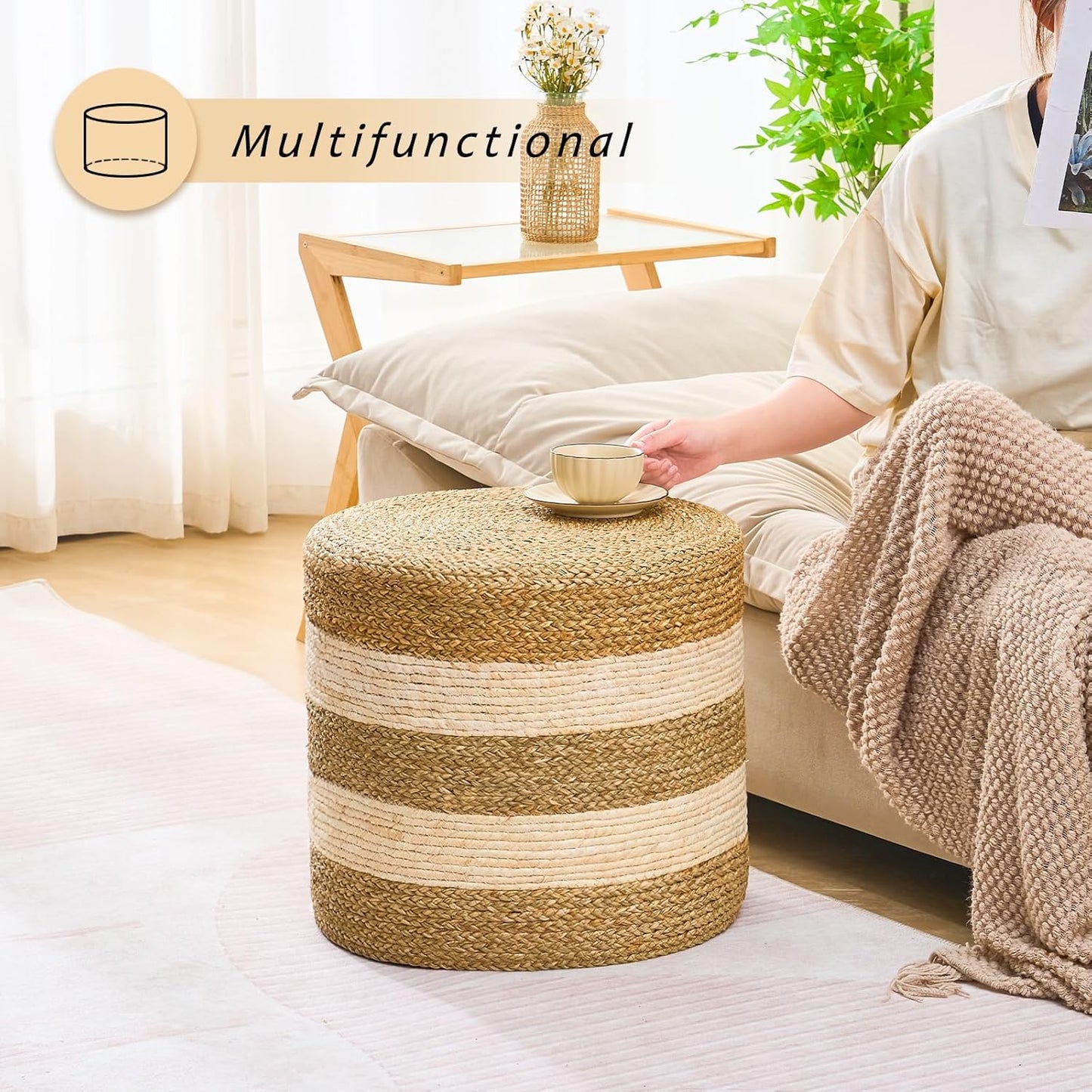 Handwoven Ottoman Pouf, Natural Seagrass Footstool, Round Braided Outdoor Seat with Sturdy Frame, Boho Accent Stool for Patio, Balcony, or Garden (Seagrass White)