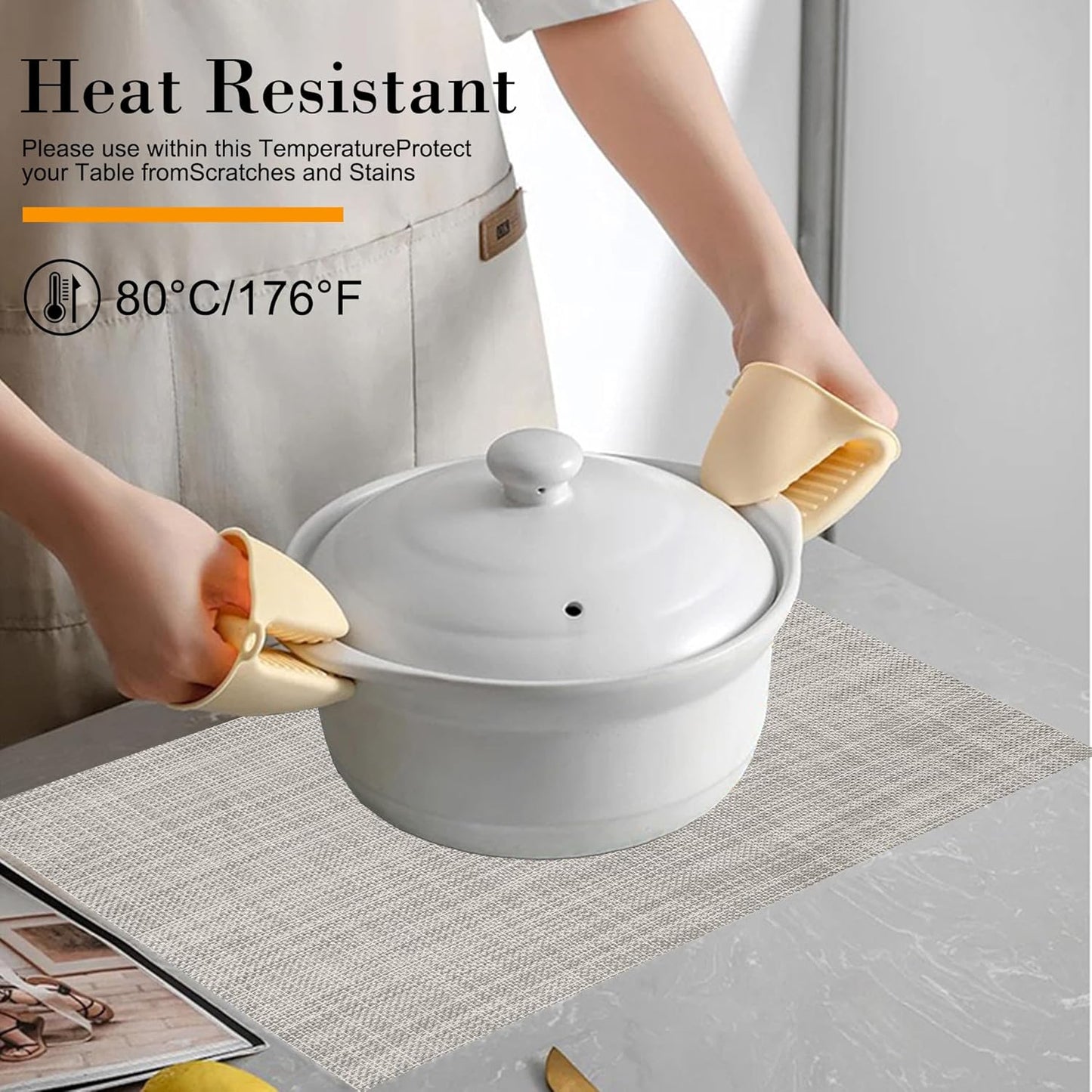 Placemats Set of 6 Washable Indoor/Outdoor Vinyl Place Mats for Dining Table Durable Non-Slip Heat Resistant PVC Weave Table Mats(Black White)