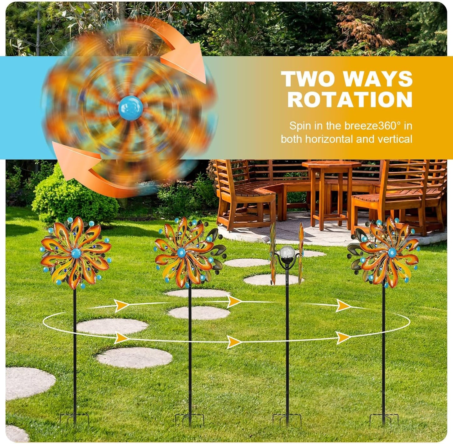 Wind Spinners for Yard and Garden - Wind Sculptures & Spinners 75 in Garden Kinetic Art with Solar Powered Multi-Color Glass Ball Light - Gradient Brown