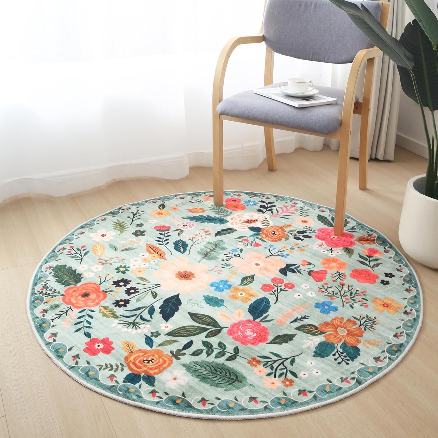 Round Rug 4ft Washable Circle Rug Non Slip Low Pile Boho Floral Small Circular Rug for Bedroom, Bathroom, Entryway, Kids Room, Office, College Dorm(Green)