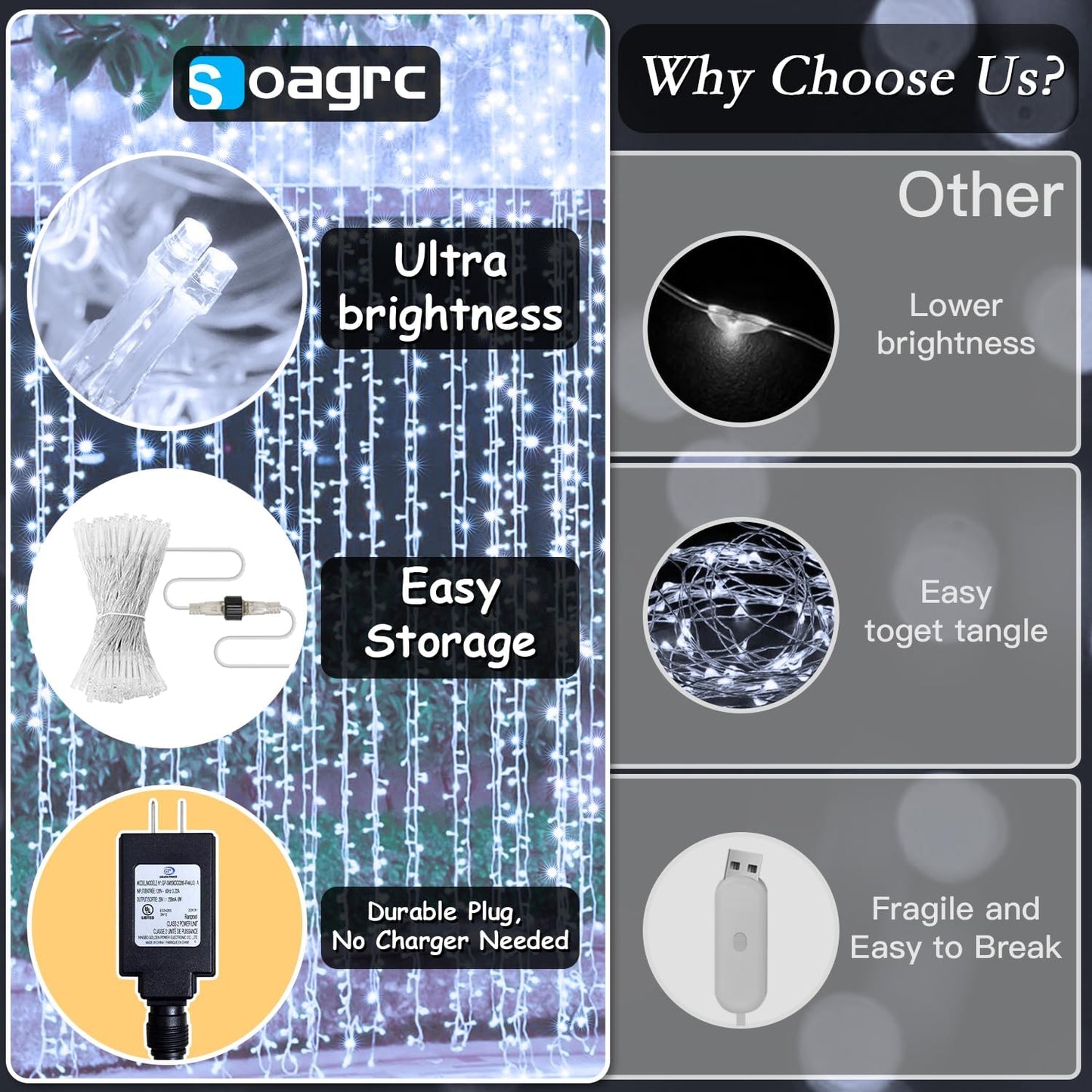 200 LED Curtain String Lights 9.8 * 6.6FT Plug in Fairy with Timer and 8 Modes, Waterproof Window Wall Lights for Bedroom Wedding Party Indoor Outdoor Christmas Decor